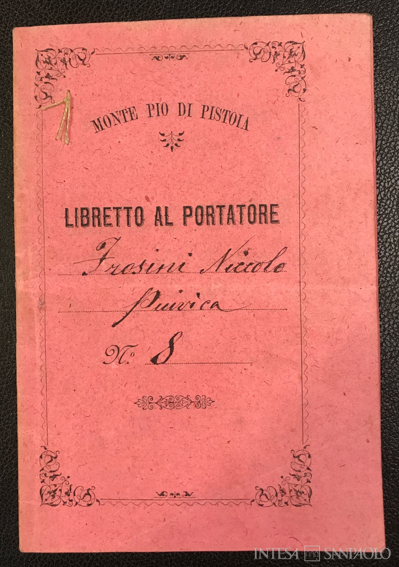 Monte di Pietà di Pistoia, frontespizio di libretto al portatore, 1897