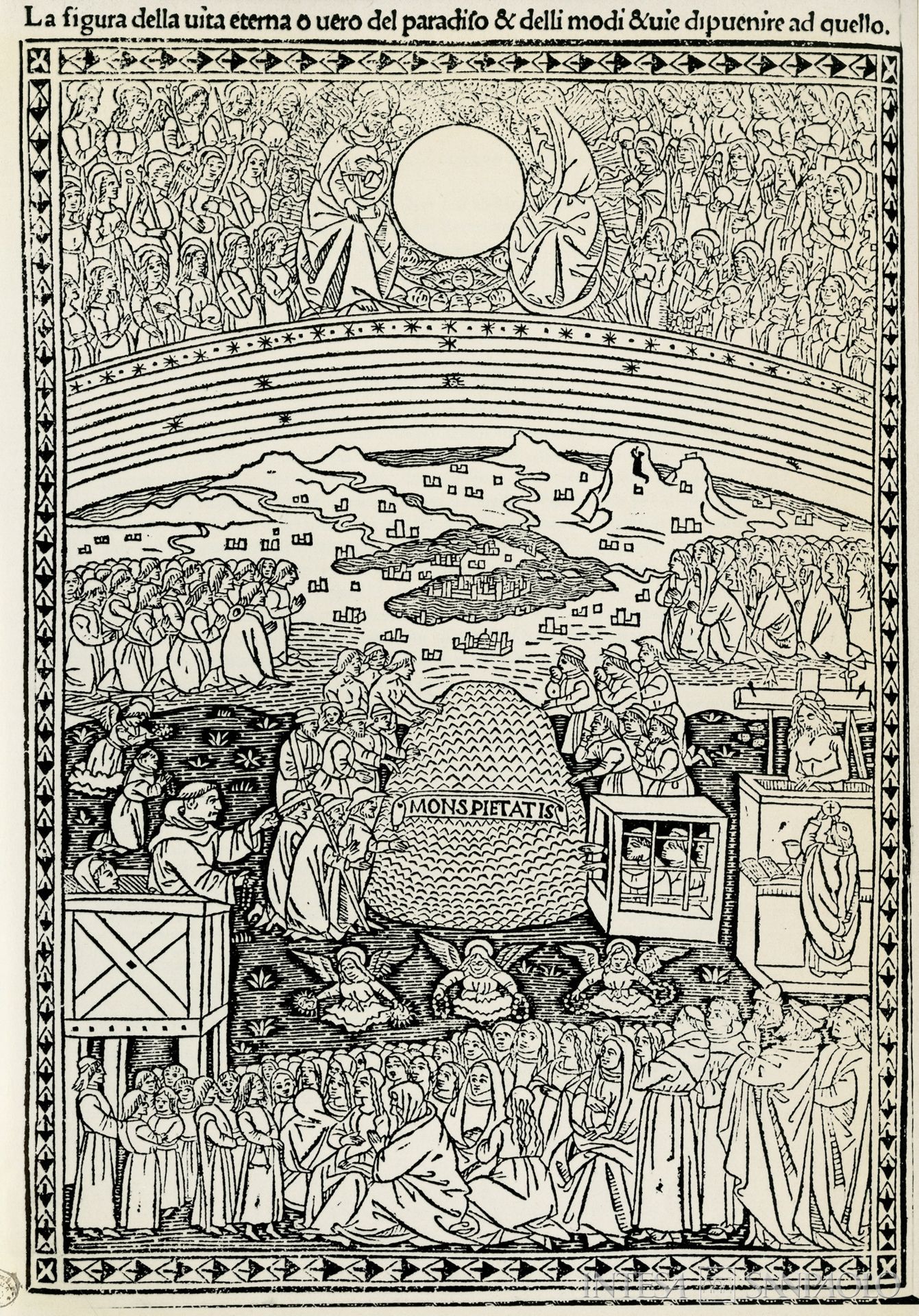 Monte di Pietà di Firenze - Reale Azienda de' Presti, La tabula della Salute di Marco da Montegallo, xilografia da incunabolo del 1494 (Firenze, Biblioteca Nazionale), illustrazione tratta da Bernardino da Feltre e i Monti di pietà 1974