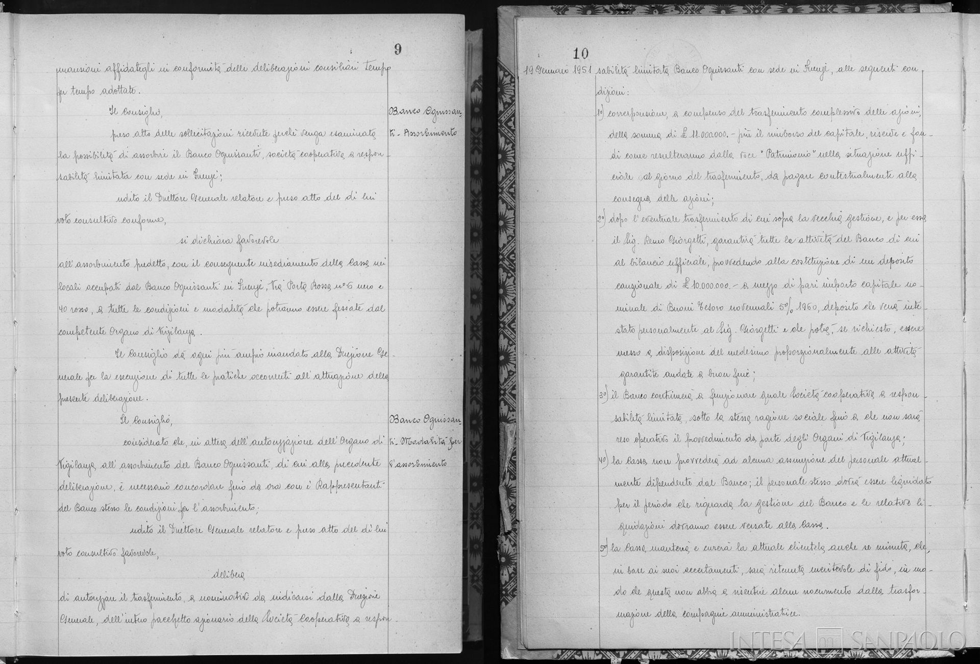 Banco Ognissanti, pagina estratta dai Verbali del Consiglio di Amministrazione della Cassa di Risparmio di Firenze dove si delibera l'assorbimento dell'istituto, 19 gennaio 1951