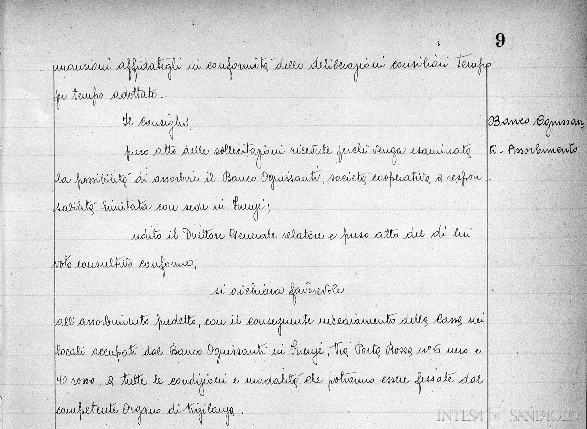 Banco Ognissanti, dettaglio di una pagina estratta dai Verbali del Consiglio di Amministrazione della Cassa di Risparmio di Firenze dove si delibera l'assorbimento dell'istituto, 19 gennaio 1951