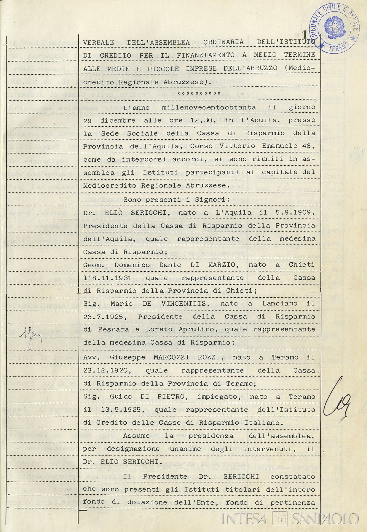 Mediocredito Regionale Abruzzese, estratto del verbale dell'Assemblea Ordinaria, 29 dicembre 1980
