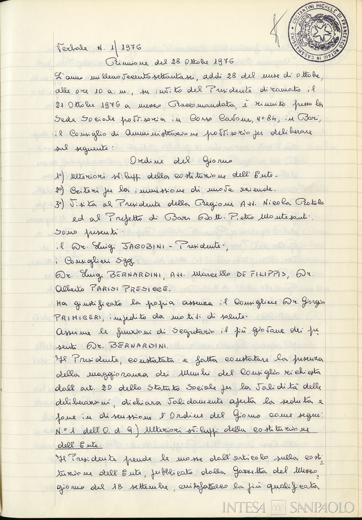 Mediocredito della Puglia, estratto del verbale del Consiglio di Amministrazione provvisorio, 28 ottobre 1976