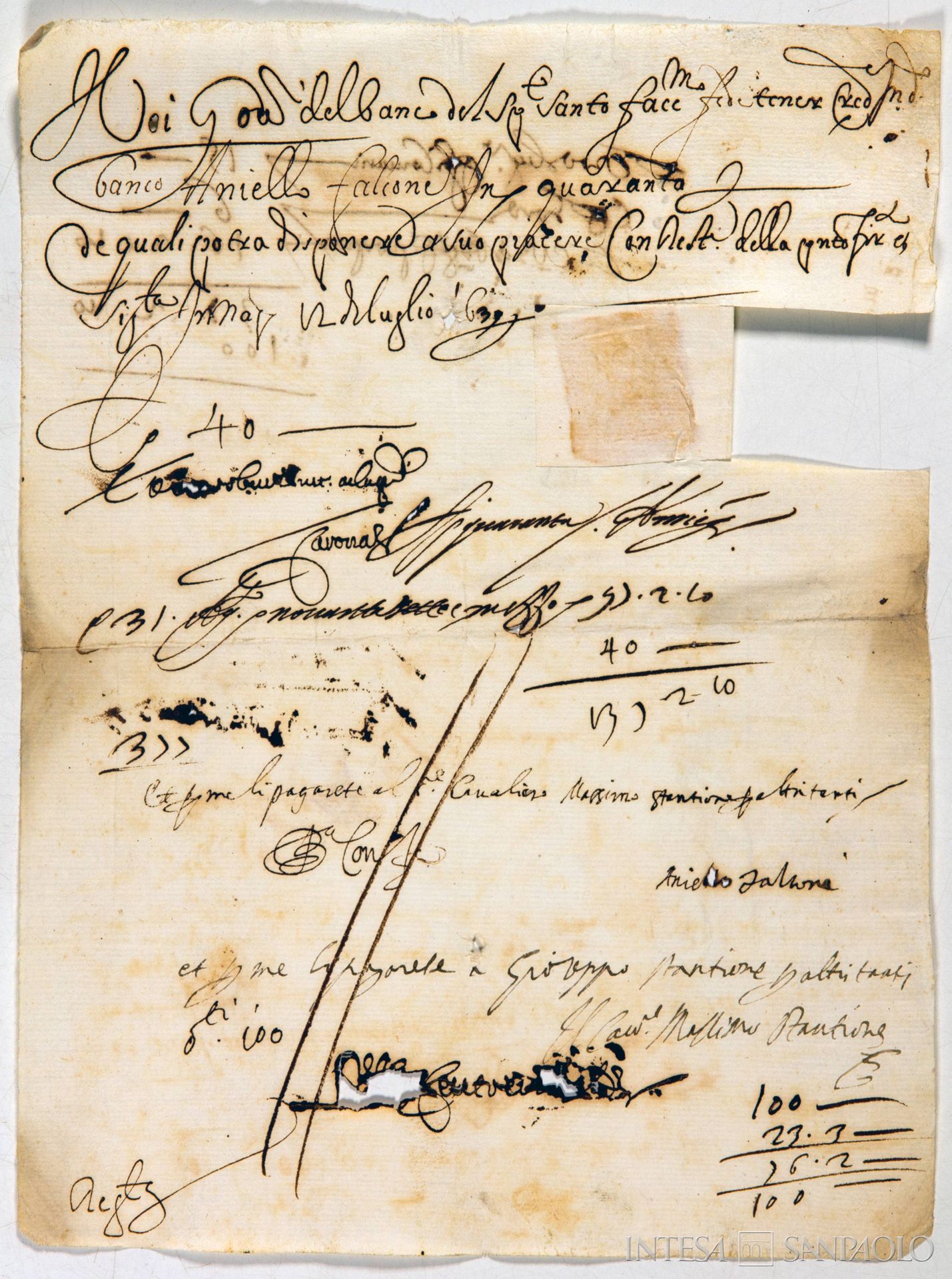 Banco dello Spirto Santo, fede di credito, 12 luglio 1639 (Archivio Storico del Banco di Napoli)