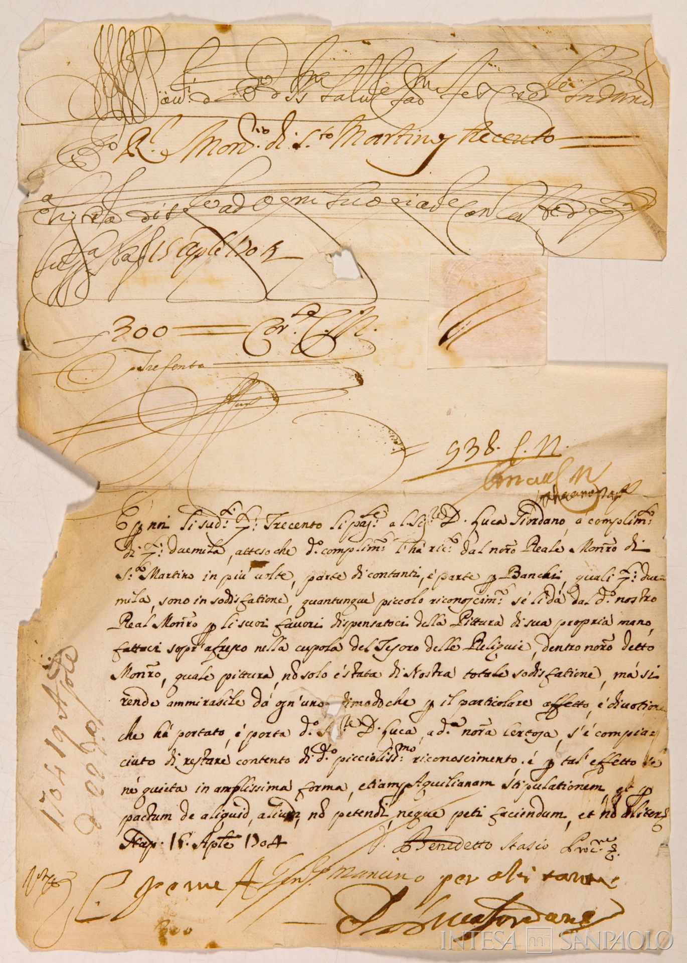 Banco del Santissimo Salvatore, fede di credito, 15 aprile 1704 (Archivio Storico del Banco di Napoli)