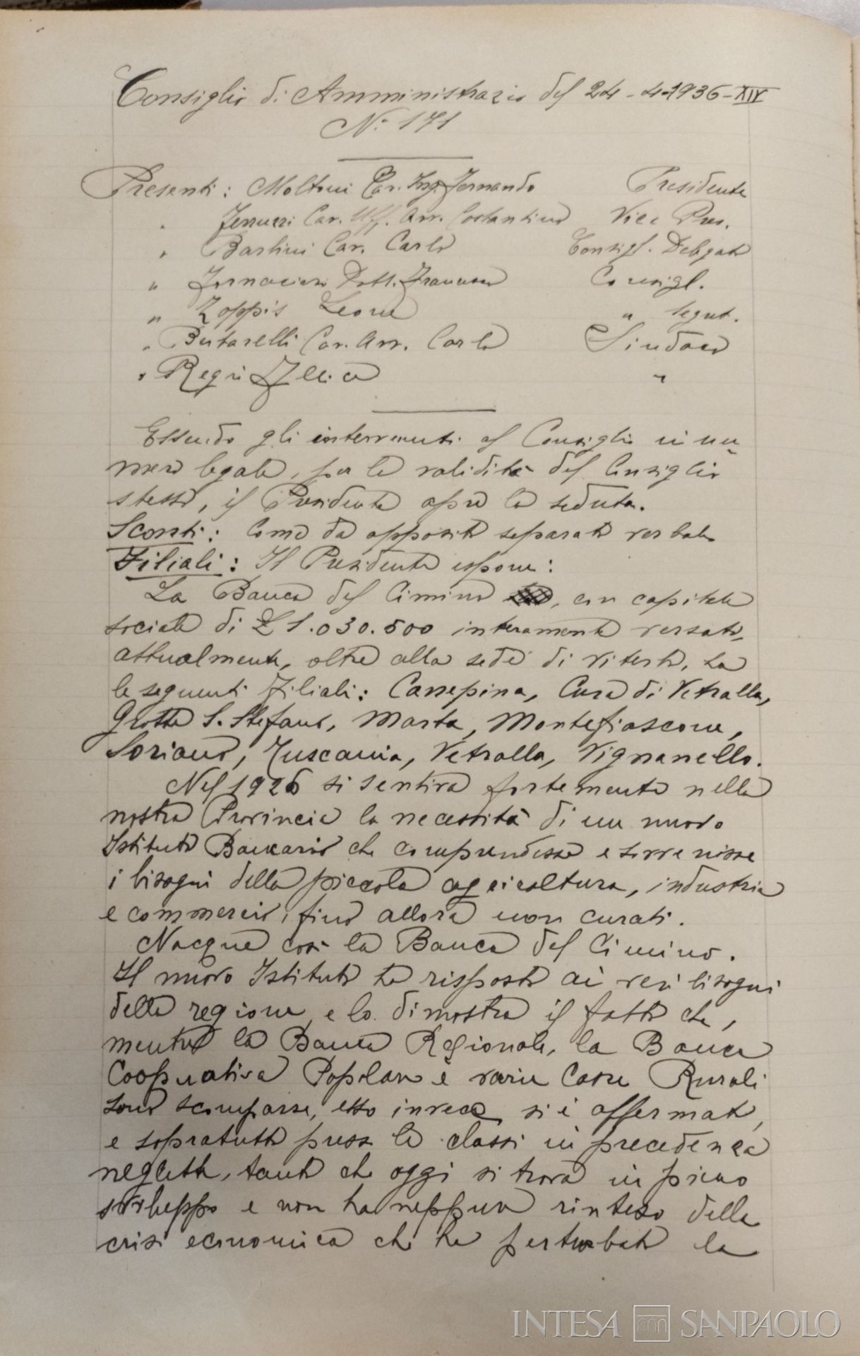 Banca del Cimino, verbale del CdA che ripercorre i risultati del primo decennio di attività della banca, 24 aprile 1936