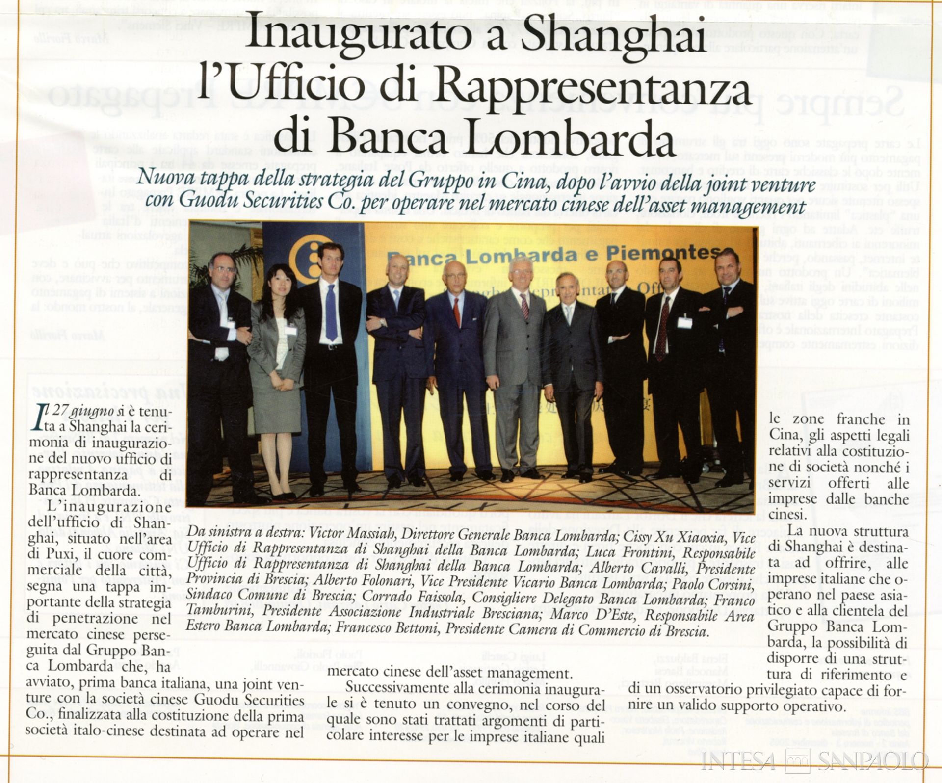 Banca Lombarda, inaugurazione Ufficio di Rappresentanza a Shangai, pagina tratta da BBSinforma n. 3, dicembre 2005, p. 13