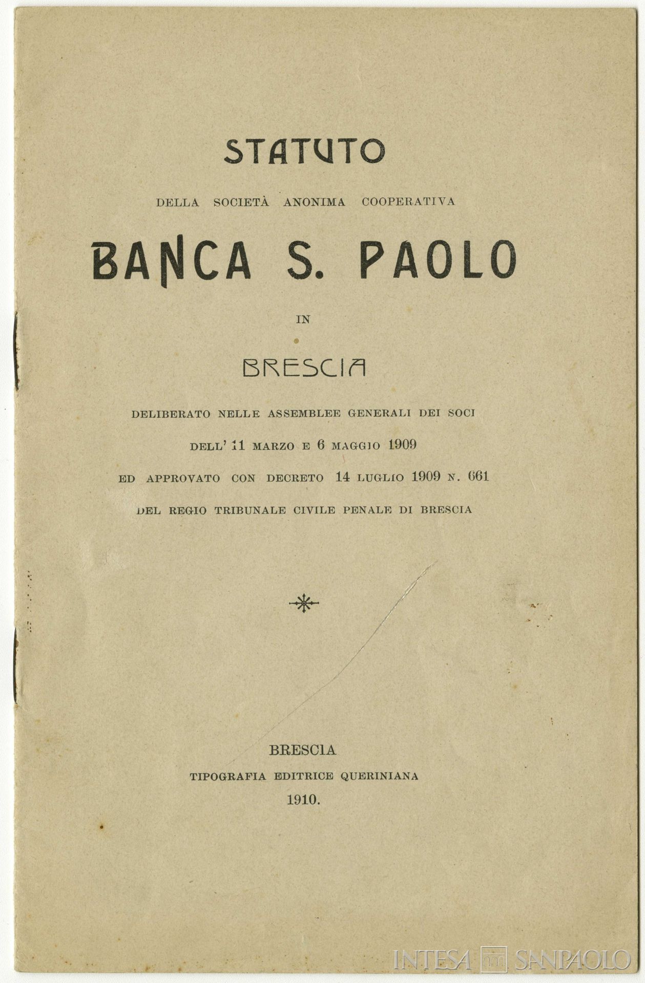Banca San Paolo di Brescia, statuto, 1910