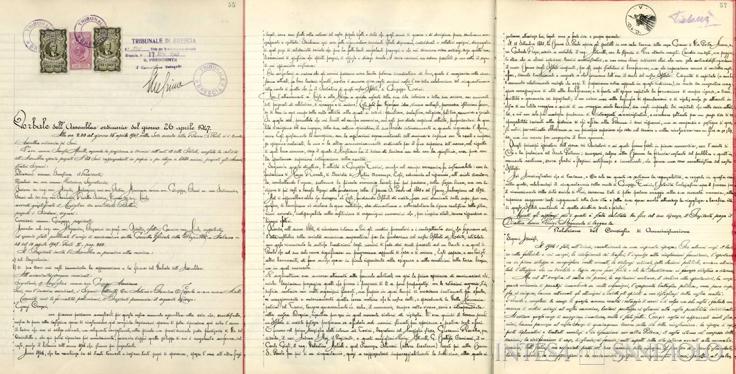 Banca San Paolo di Brescia, verbale dell'Assemblea dei soci con excursus storico dell'Istituto, 26 aprile 1947