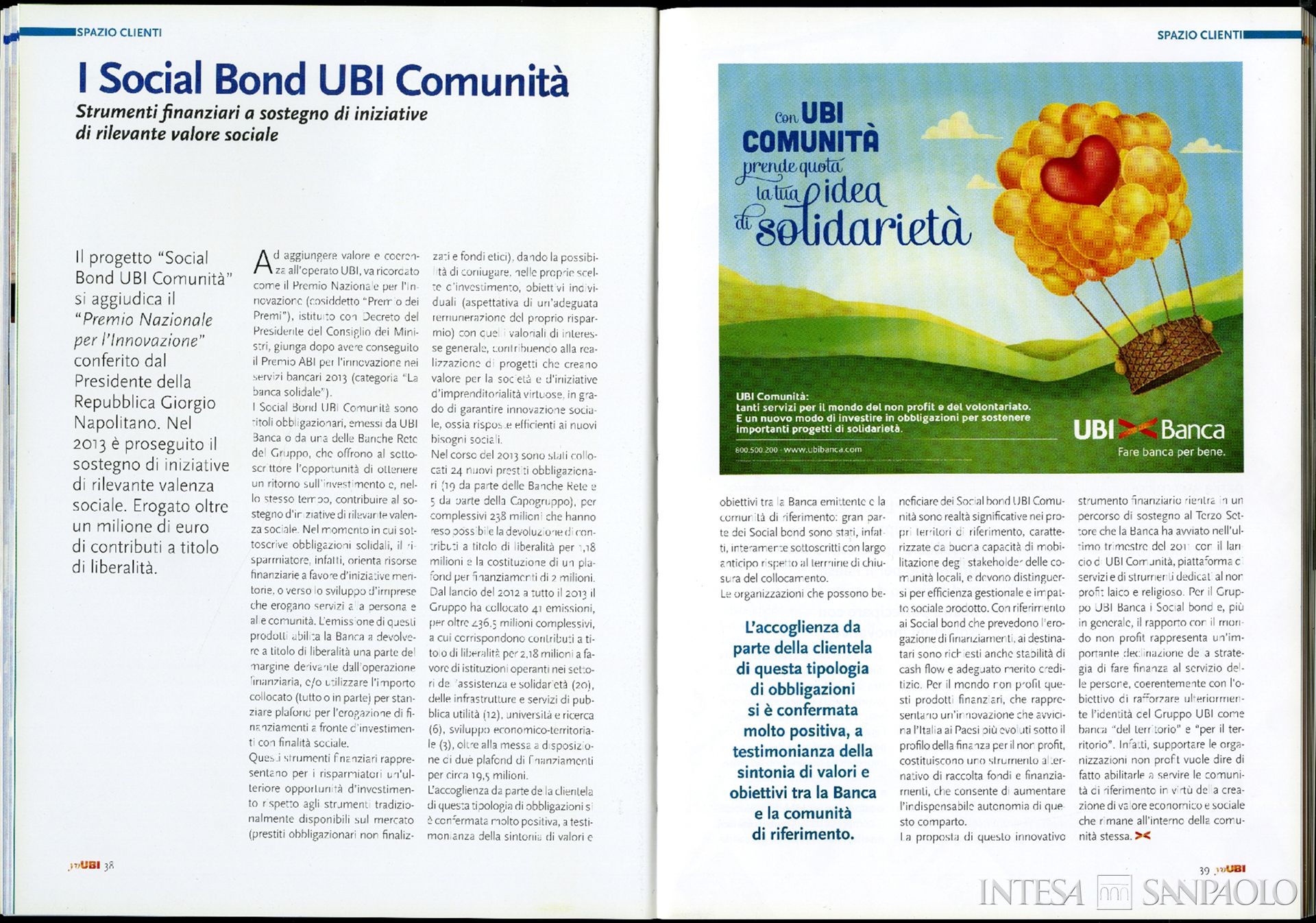 UBI Banca, pubblicità del progetto Social Bond UBI Comunità per il mondo non-profit, tratta da Almanacco YoUBI aprile 2014, p. 39