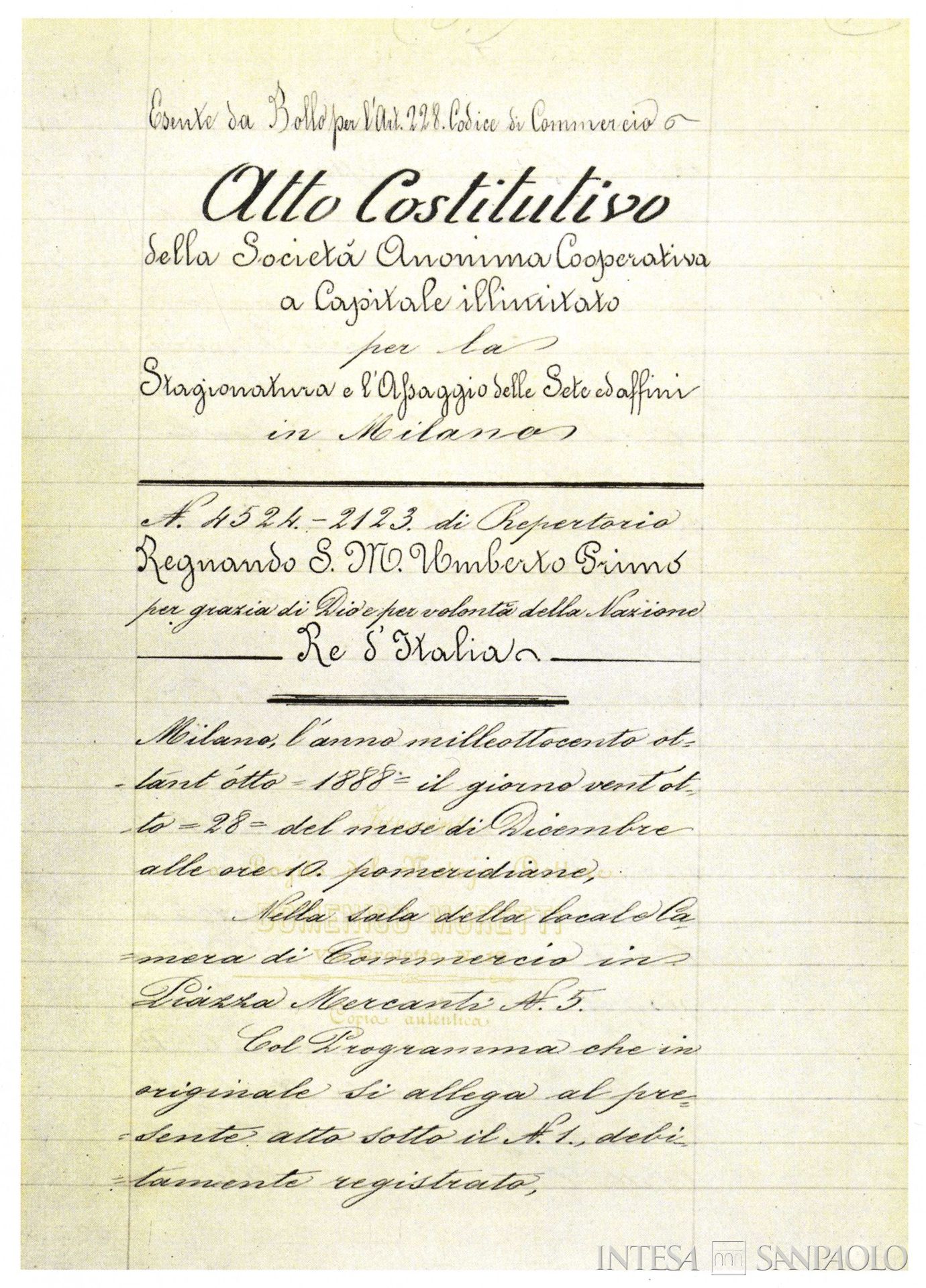 Banca Popolare Commercio e Industria, atto costitutivo, 1888, tratto da Banca Popolare Commercio e Industria 1888-2002. Una storia che continua (Amilcare Pizzi, Milano, 2003), p. 34