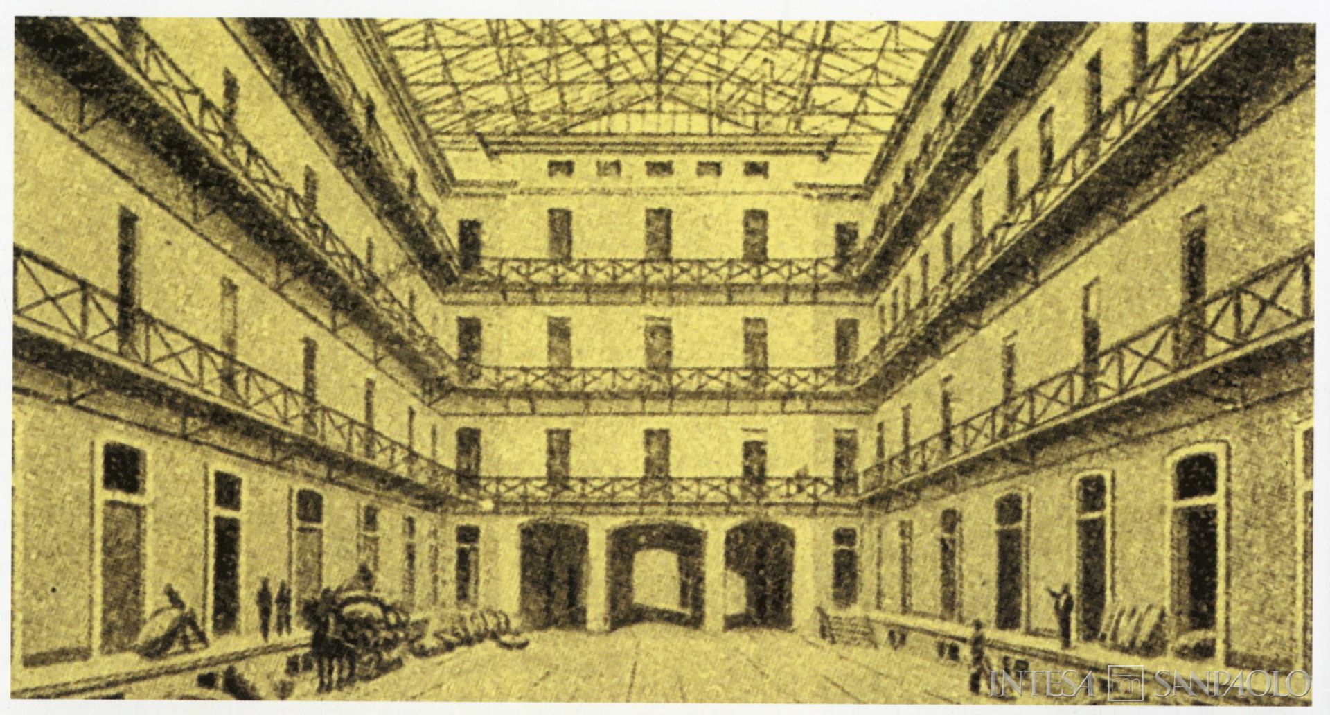 Banca Popolare Commercio e Industria, cortile della Seta nella sede centrale, fotografia del XIX secolo tratta da Banca Popolare Commercio e Industria 1888-2002. Una storia che continua (Amilcare Pizzi, Milano, 2003), p. 26