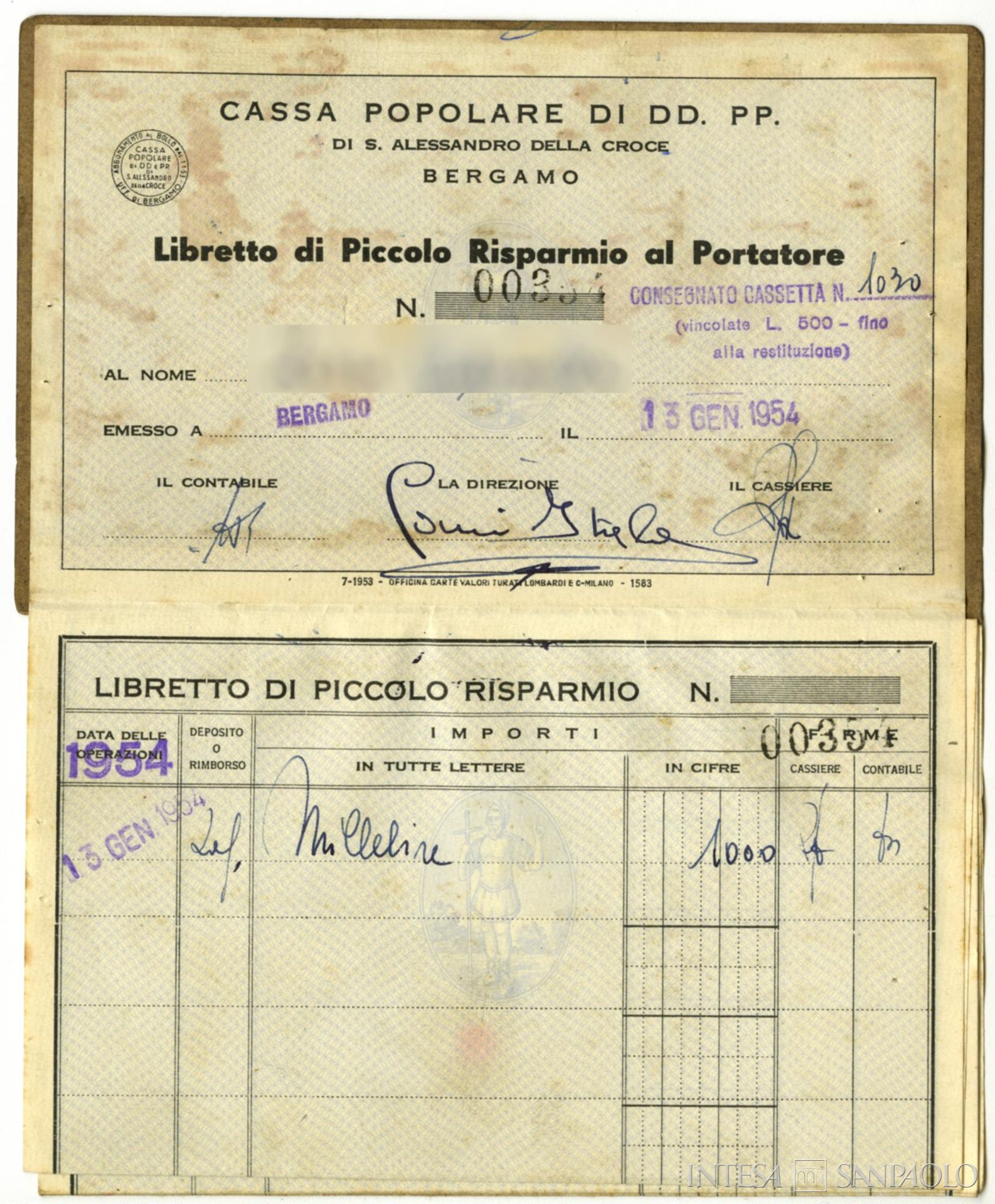 Cassa Popolare S. Alessandro, Libretto di piccolo risparmio al portatore, 1954