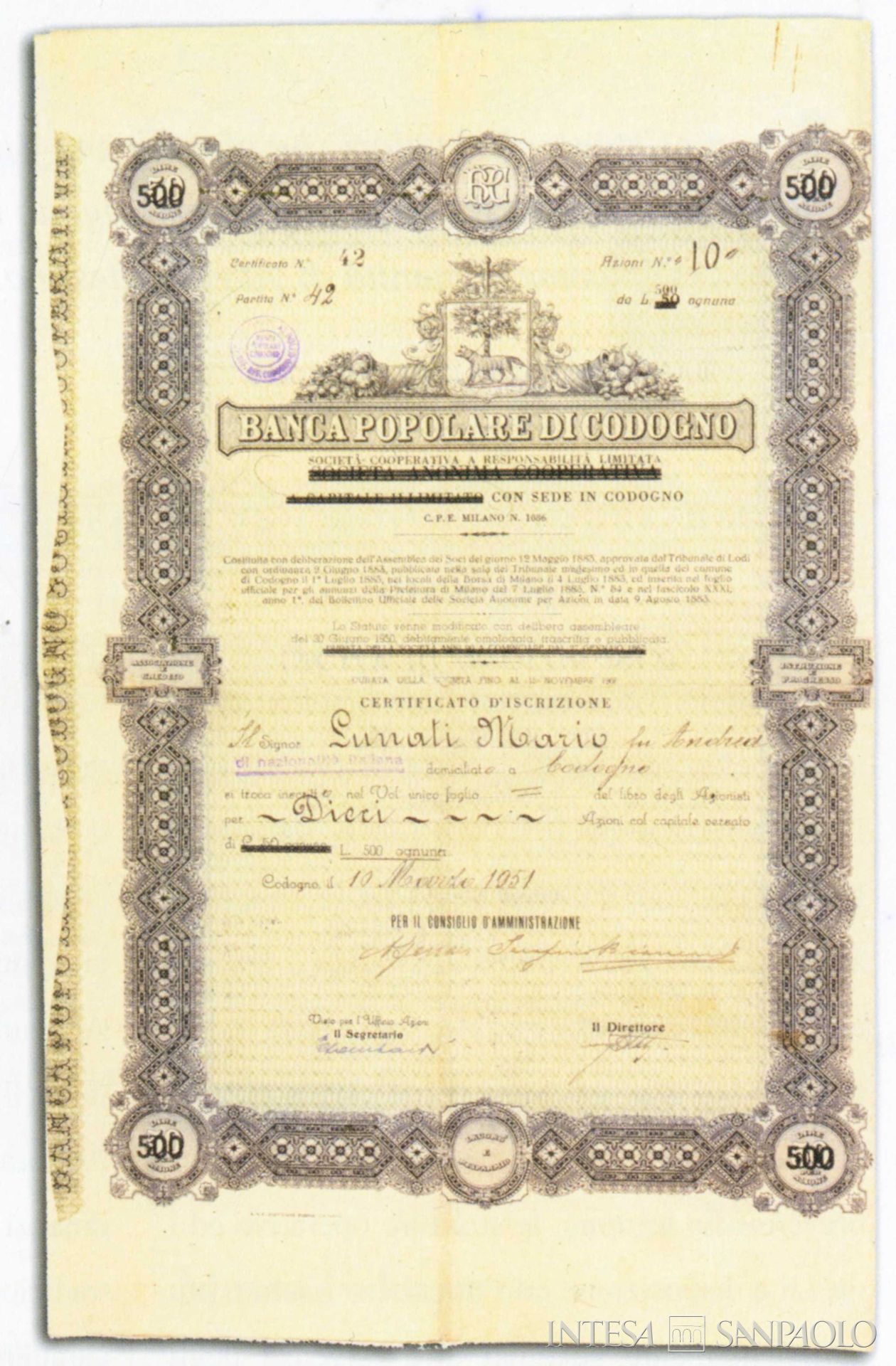 Banca Popolare di Codogno, certificato azionario del 1951, tratto da Banca Popolare Commercio e Industria 1888-2002. Una storia che continua (Amilcare Pizzi, Milano, 2003), p. 88
