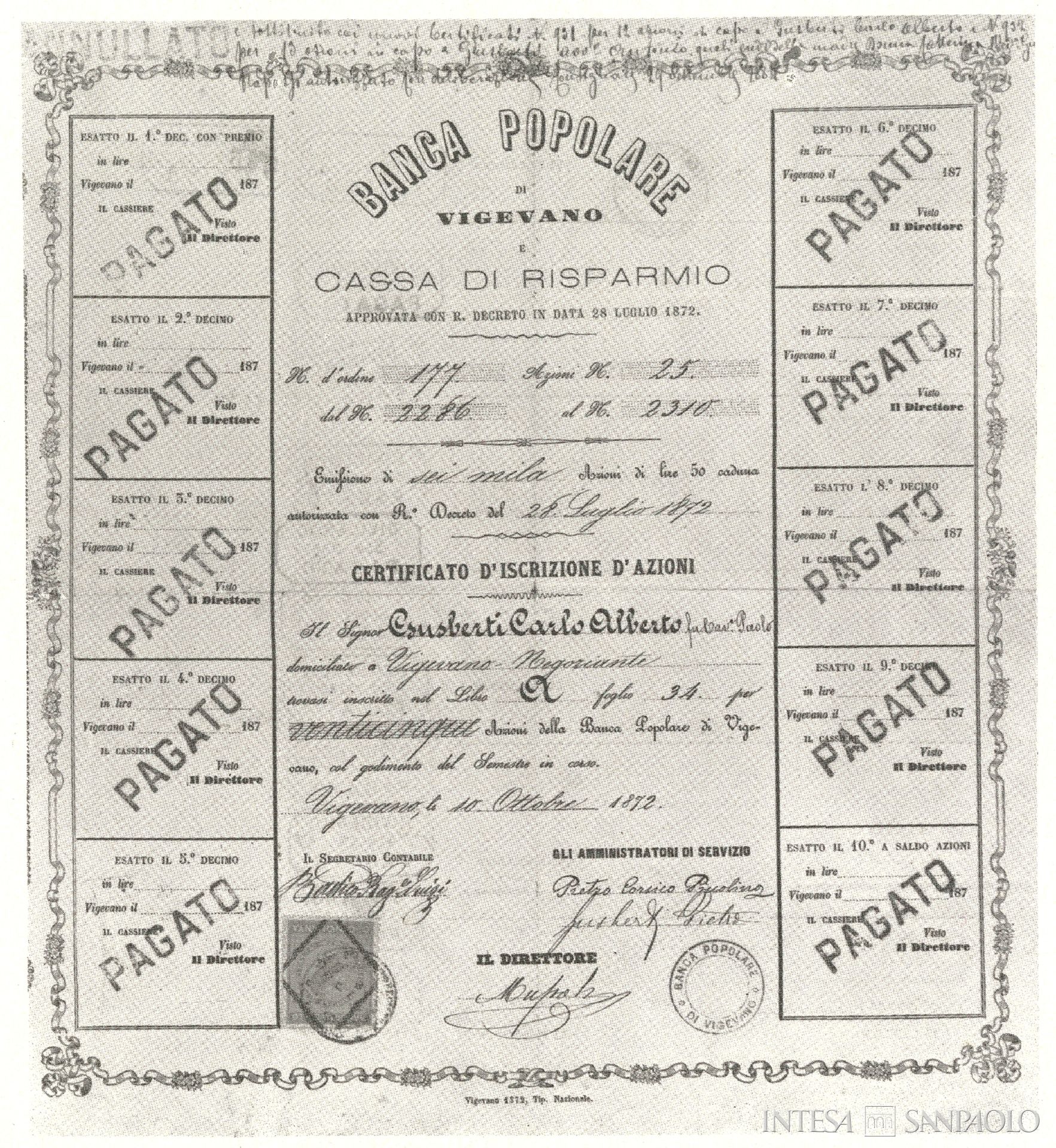 Banca Popolare Cooperativa di Vigevano, uno dei primi certificati azionari (1872), tratto da 1° Centenario Banca Popolare di Vigevano 1872-1972, 1972