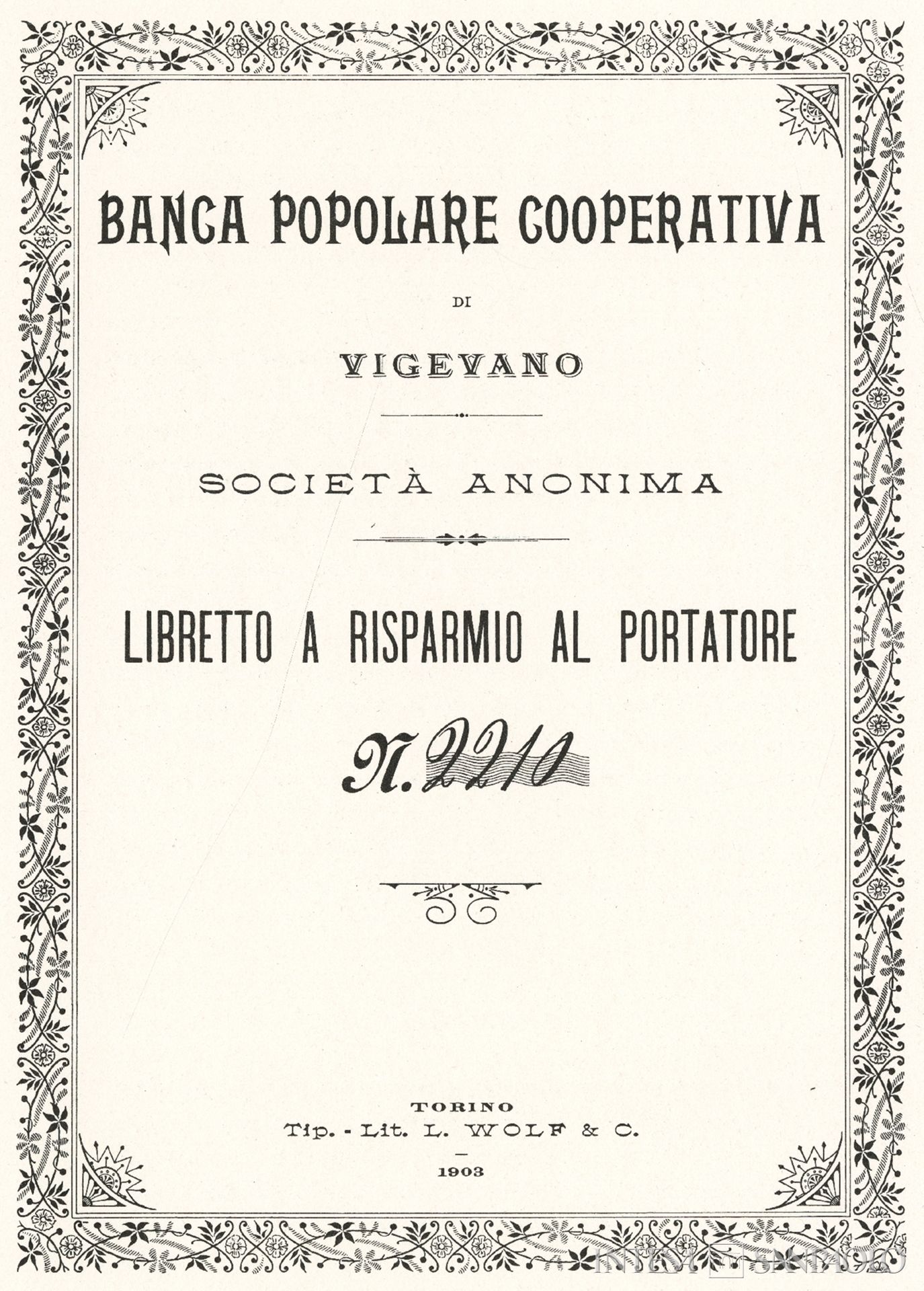 Banca Popolare Cooperativa di Vigevano, libretto al portatore, 1903, tratto da 1° Centenario Banca Popolare di Vigevano 1872-1972, 1972
