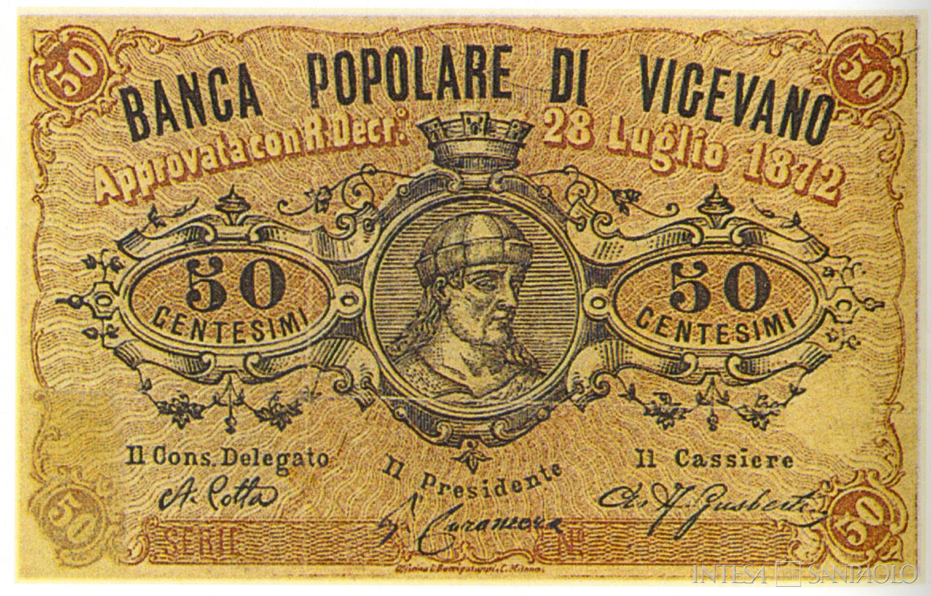 Banca Popolare Cooperativa di Vigevano, biglietto fiduciario di 50 centesimi emesso nel 1872, tratto da 1° Centenario Banca Popolare di Vigevano 1872-1972, 1972