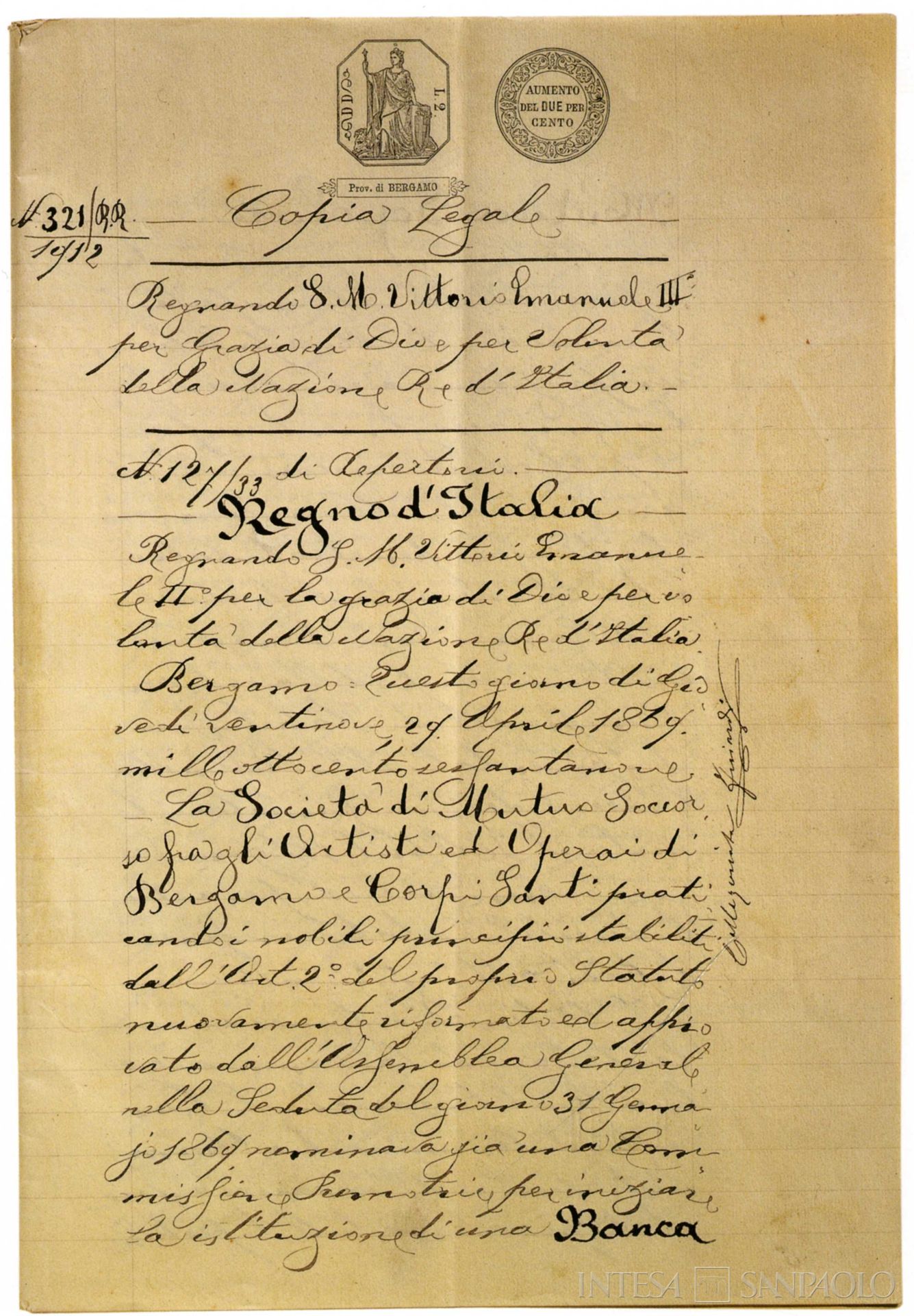 Banca Popolare di Bergamo, atto costitutivo, 1869,  tratto da Banca Popolare di Bergamo 1869-2009 (Bergamo, 2009) p. 75