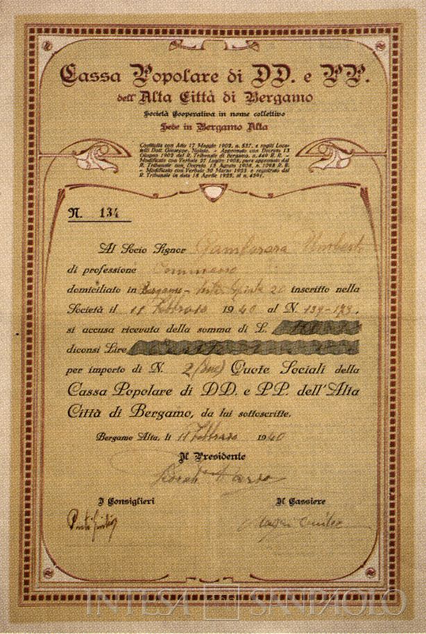 Banca Popolare di Bergamo, certificato azionario, 1940, tratto da Banca Popolare di Bergamo 1869-2009 (Bergamo, 2009) p. 345