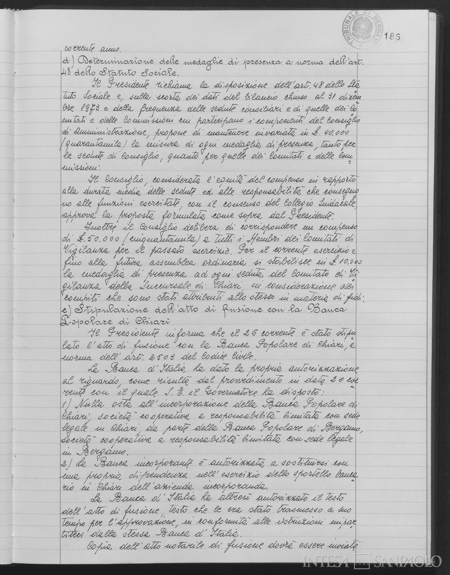 Banca Popolare di Chiari, comunicazione relativa alla fusione nella Banca Popolare di Bergamo, 29 aprile 1974