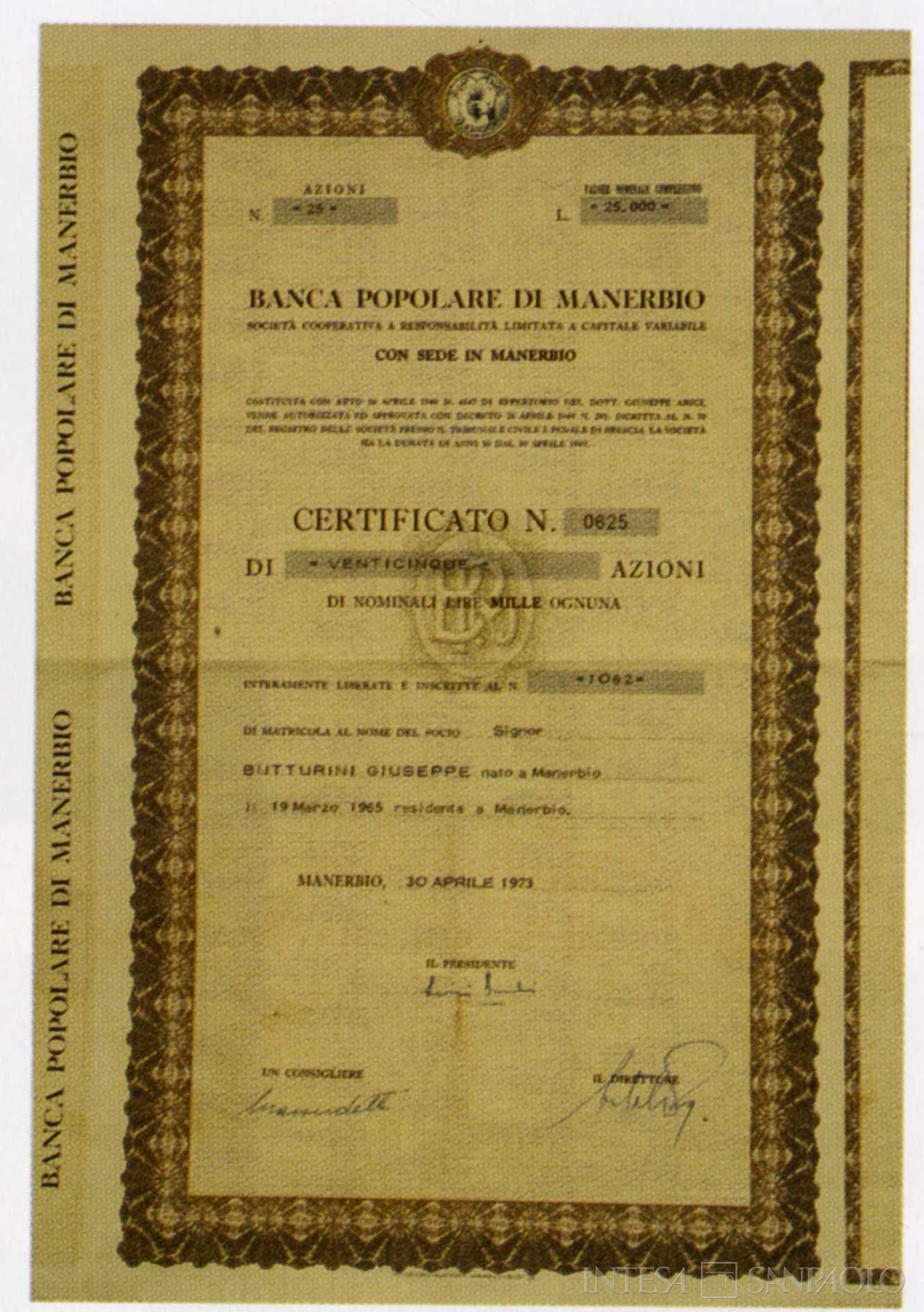 Banca Popolare di Manerbio, certificato azionario, 1973, tratto da Banca Popolare di Bergamo 1869-2009 (Bergamo, 2009) p. 345