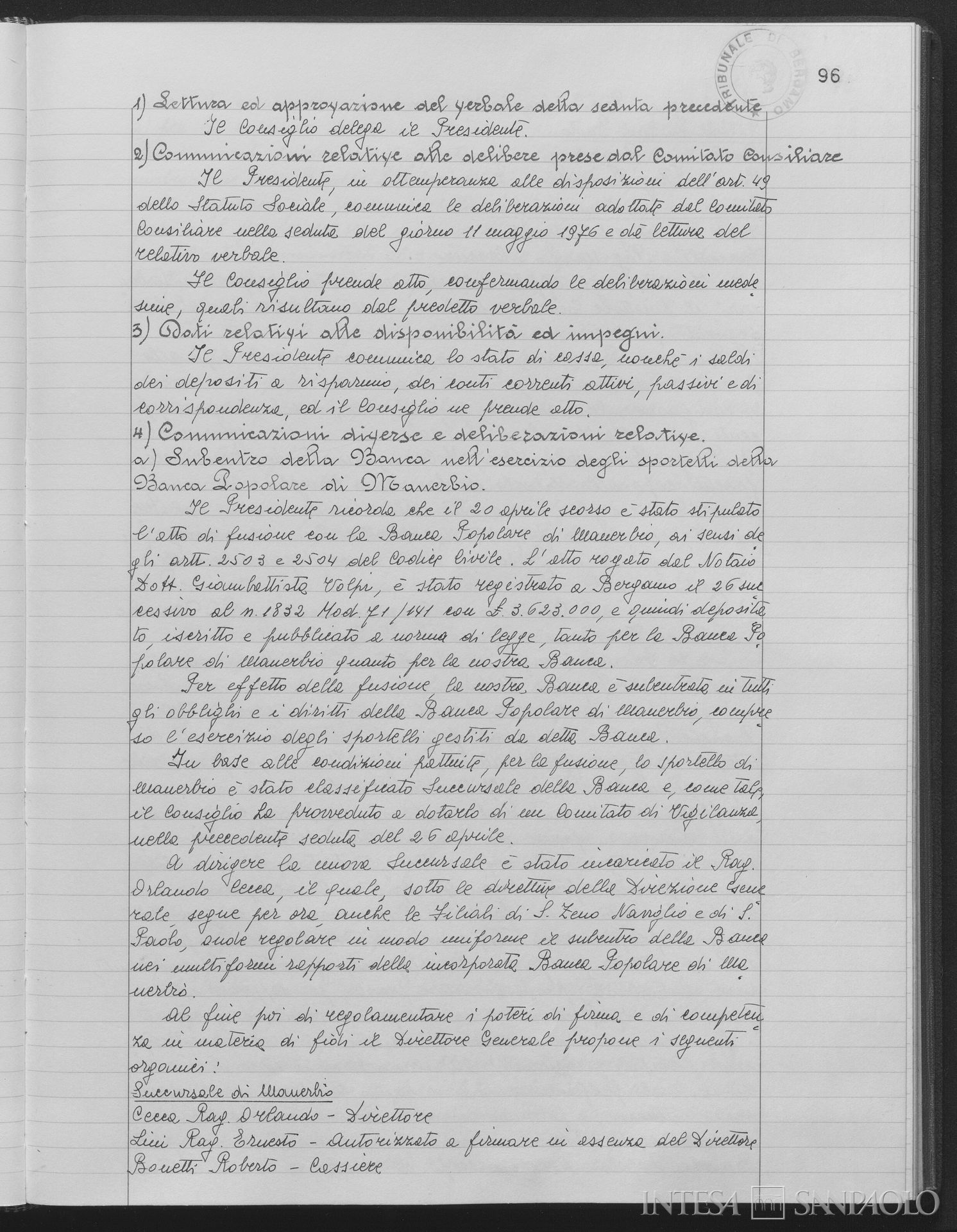 Banca Popolare di Manerbio, comunicazione relativa alla fusione nella Banca Popolare di Bergamo, 26 aprile 1976