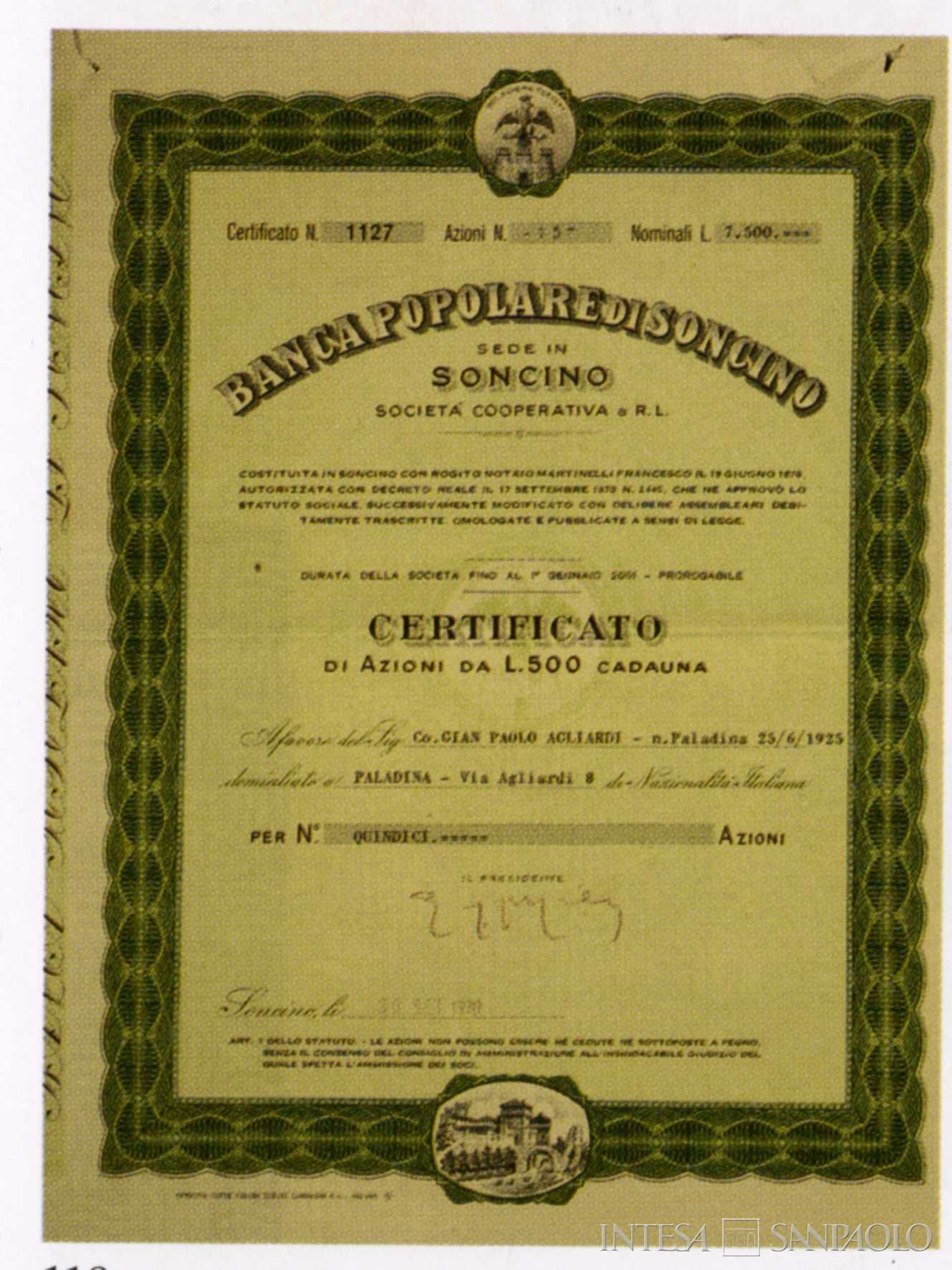Banca Popolare di Soncino, certificato azionario, 1925, tratto da Banca Popolare di Bergamo 1869-2009 (Bergamo, 2009) p. 345