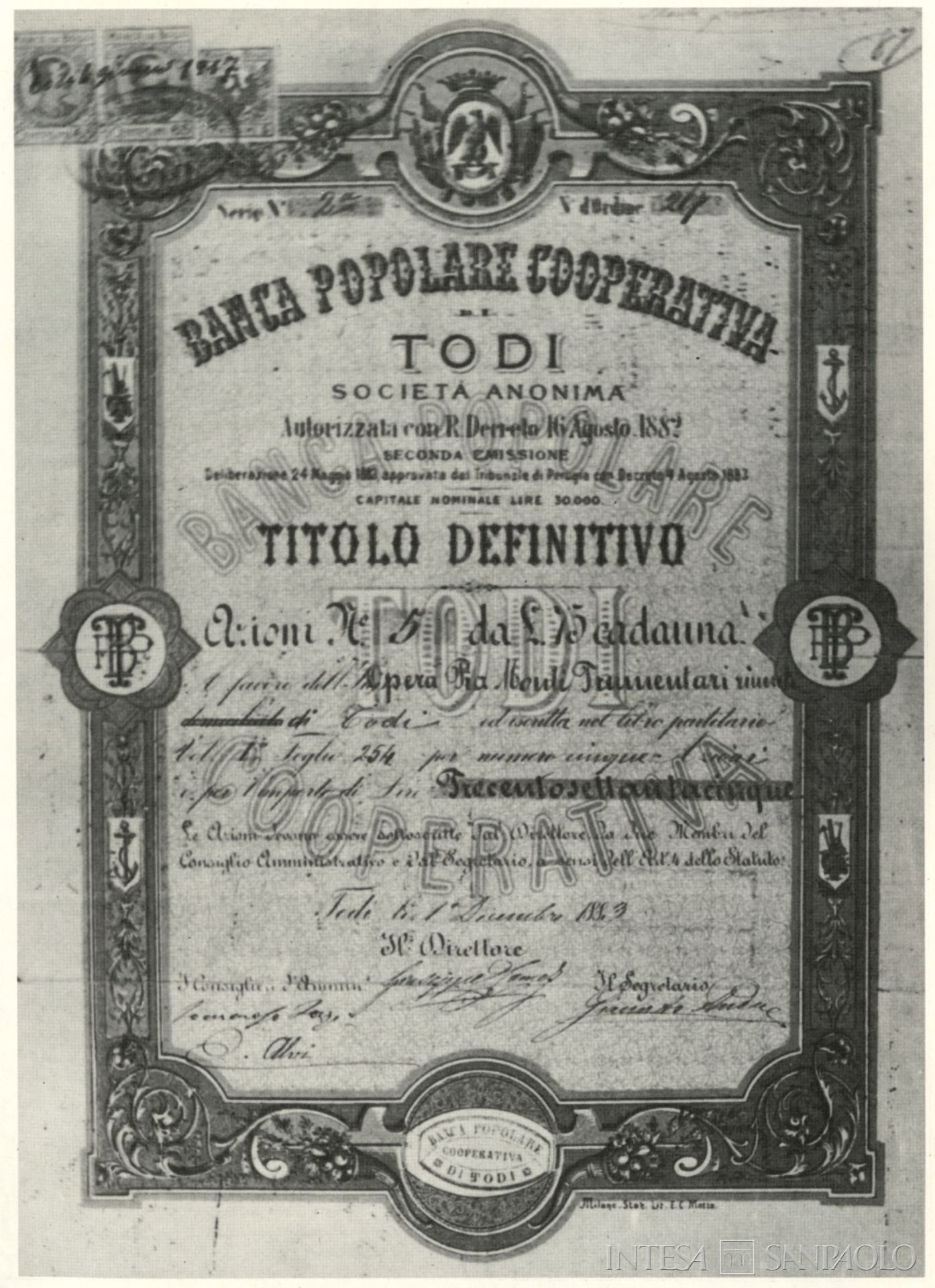 Banca Popolare Cooperativa di Todi, titolo azionario del 1883, tratto da Cento anni della Banca Popolare Cooperativa di Todi (1982), p. 29