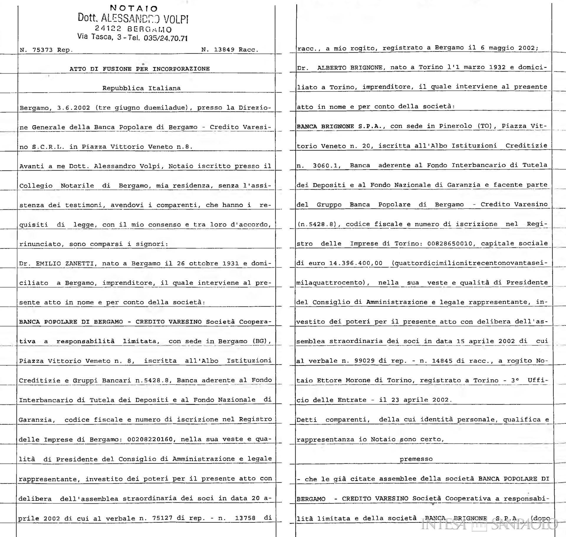Banca Brignone, atto di fusione per incorporazione nella Banca Popolare di Bergamo-Credito Varesino, 3 giugno 2002