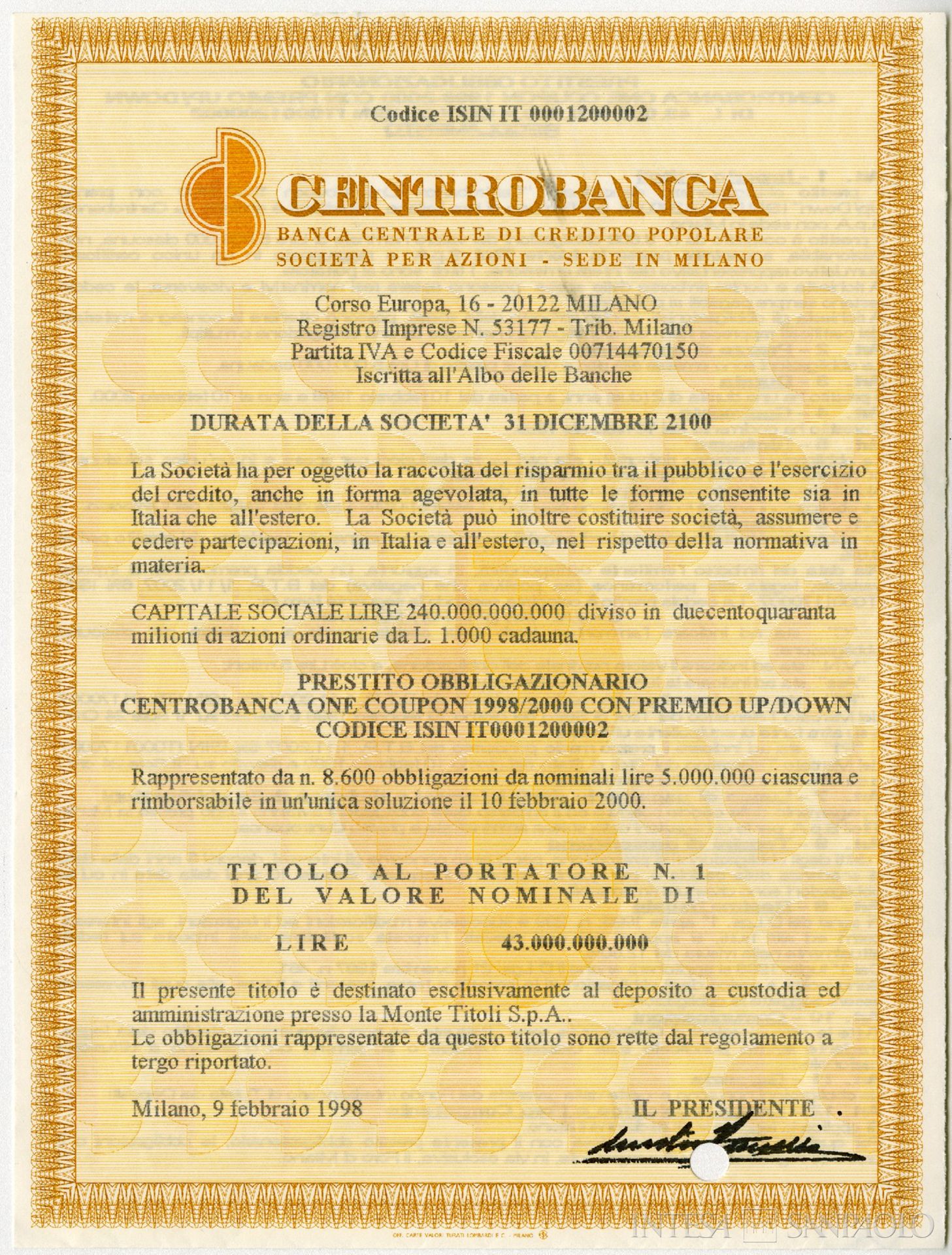 Centrobanca, Certificato obbligazionario, 1998