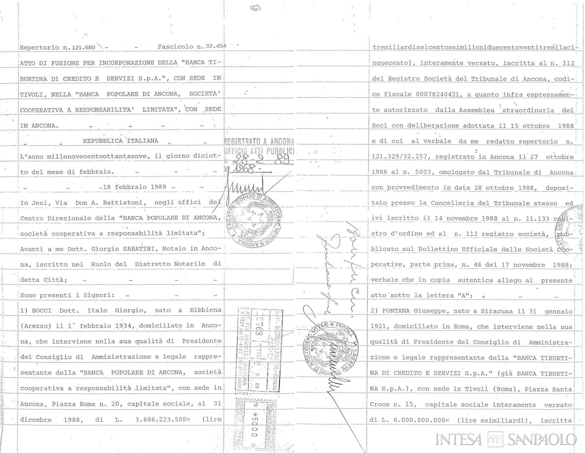 Banca Tiburtina di Credito e Servizi, atto di fusione per incorporazione dell'istituto in Banca Popolare di Ancona S.c.r.l., 18 febbraio 1989