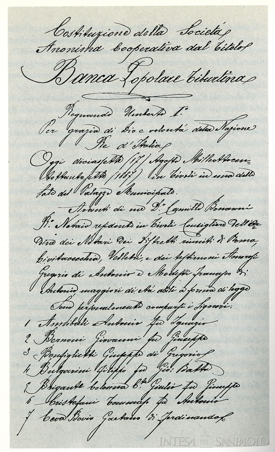 Banca Tiburtina di Credito e Servizi, atto costitutivo del 1887, tratto da  tratta da Vitaliano Cinti, Itinerario storico della Banca Popolare di Ancona: uomini e istituzioni, Arti Grafiche Jesine, Banca Popolare di Ancona, 1991, p. 346, in ASI, Sezione Bibliografica, CONS/GRUPPO/662