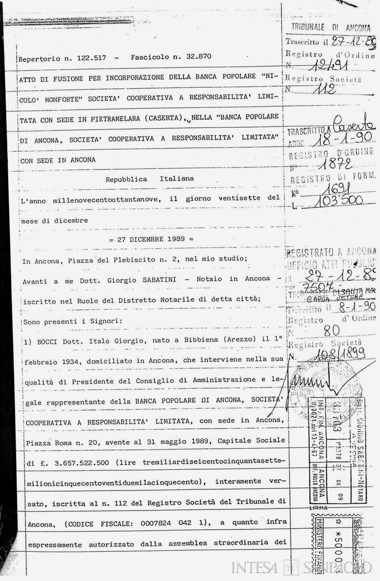 Banca Popolare Nicolò di Monforte, atto di fusione mediante incorporazione dell'istituto in Banca Popolare di Ancona S.c.r.l., 27 dicembre 1989