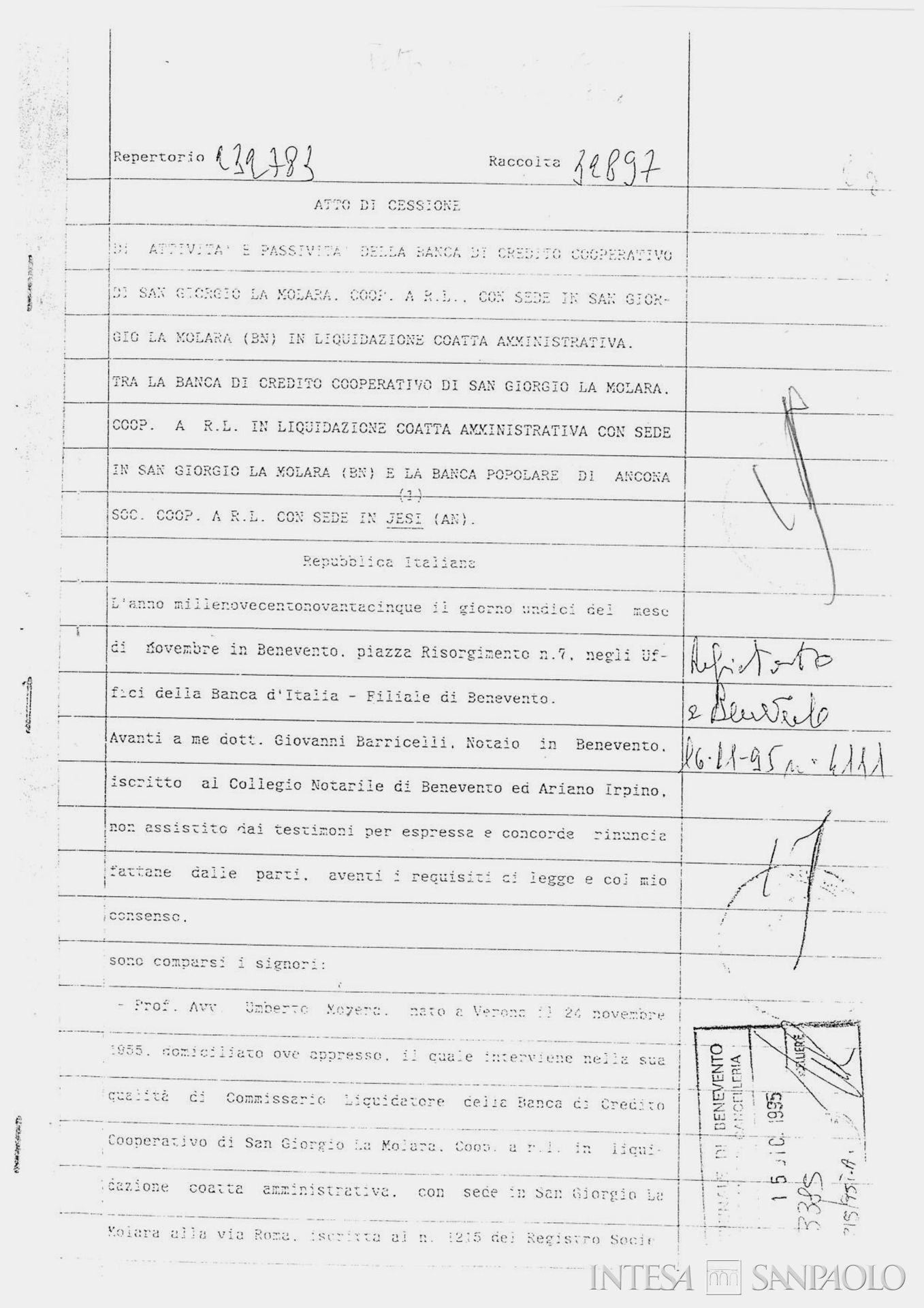 Banca di Credito Cooperativo di San Giorgio la Molara, atto di cessione di attività e passività dell'istituto alla Banca Popolare di Ancona S.c.r.l., 11 novembre 1995
