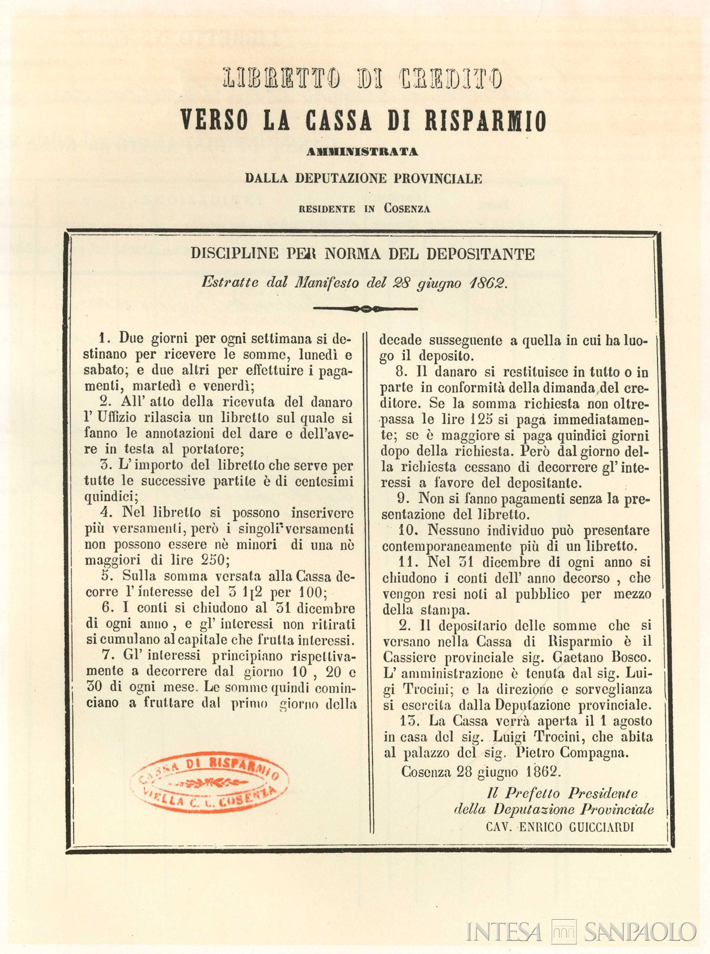 Cassa di Risparmio di Calabria, libretto di credito del 1862