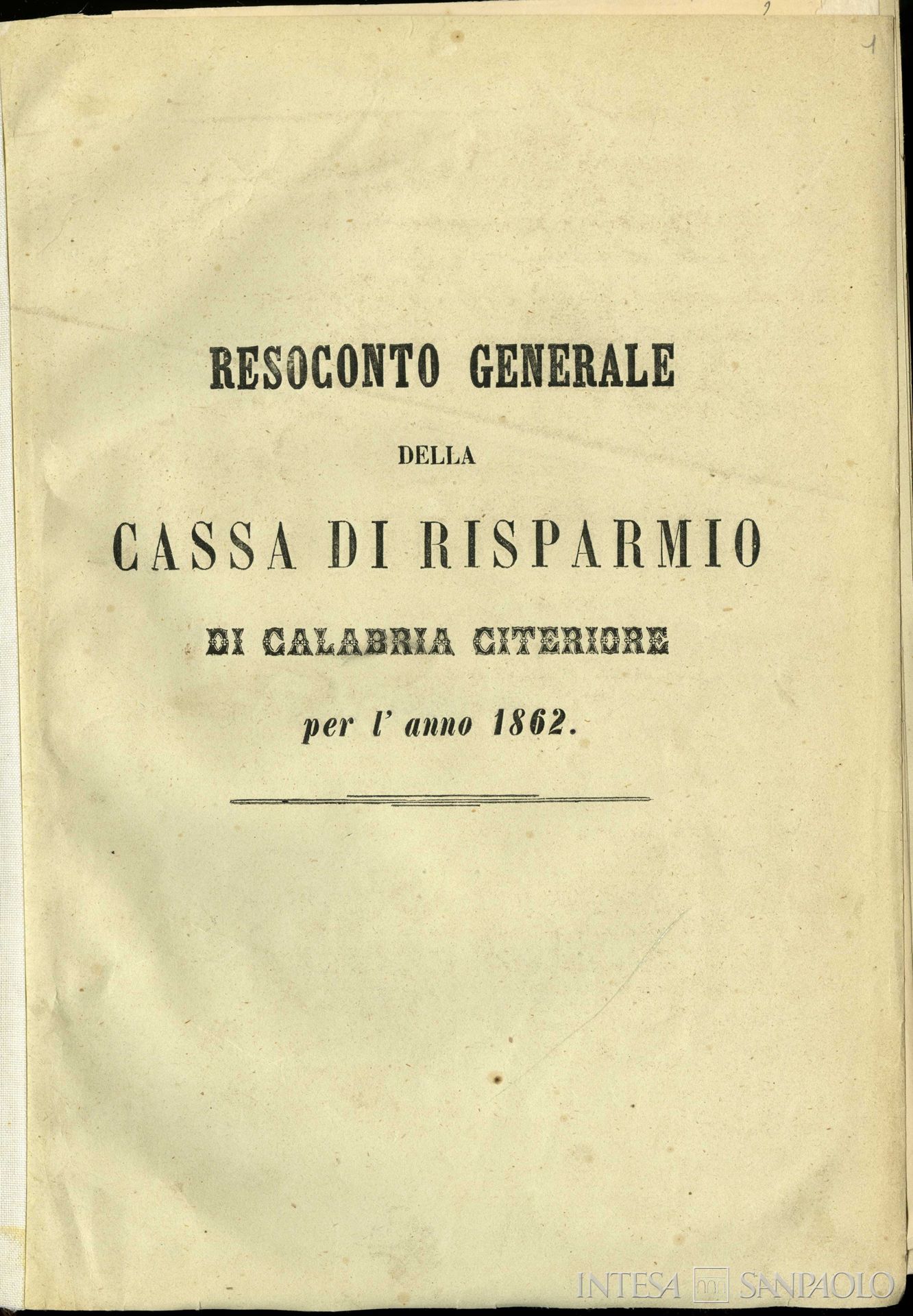 Cassa di Risparmio di Calabria, resoconto generale del 1862