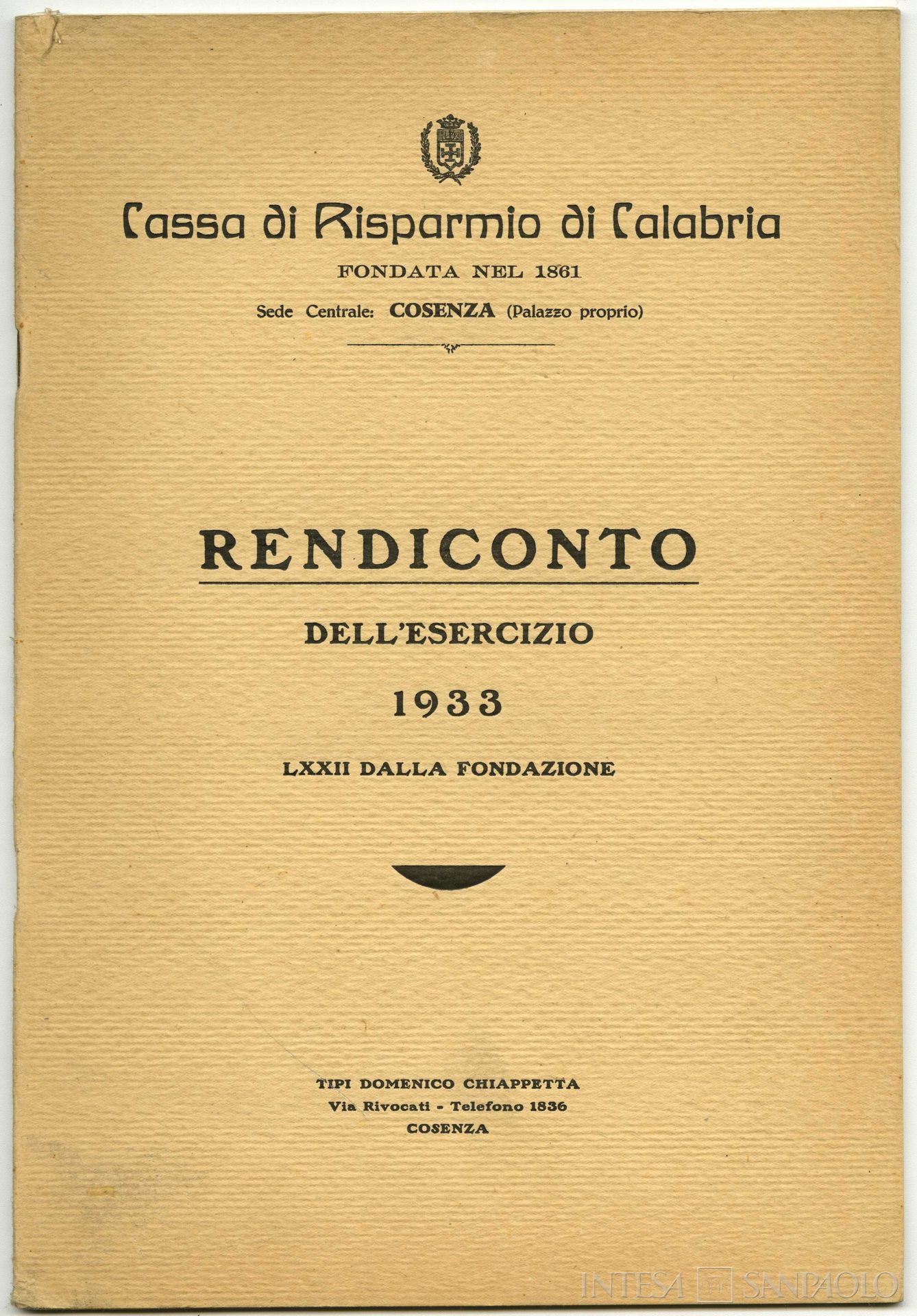 Cassa di Risparmio di Calabria, rendiconto del 1933
