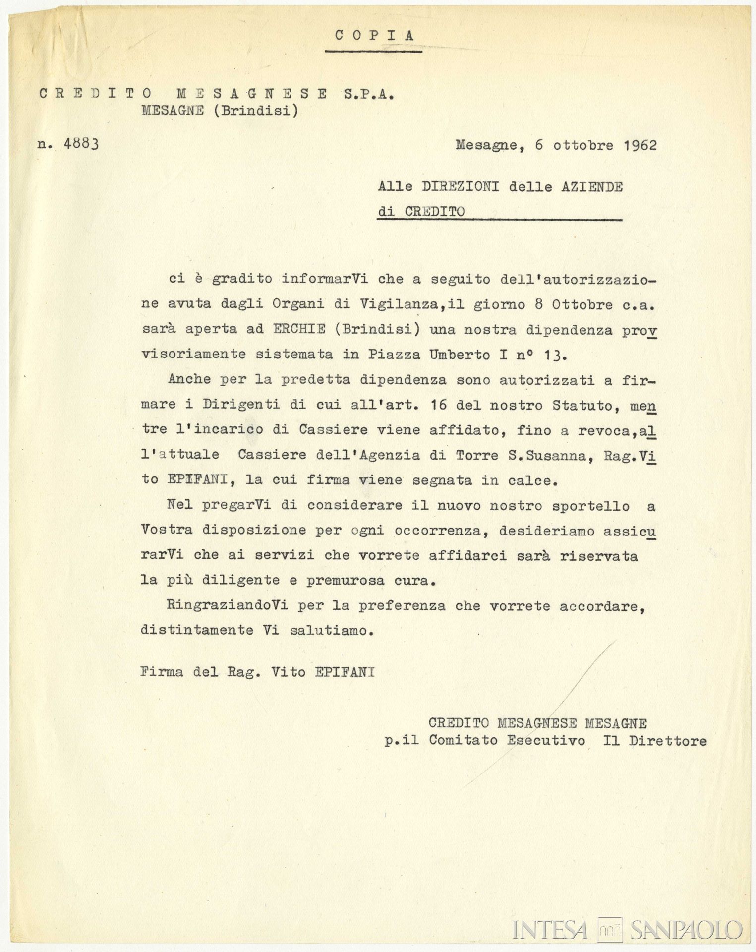 Credito Mesagnese, comunicazione del Credito Mesagnese alle Direzioni delle aziende di credito sull'apertura di un nuovo sportello a Erchie (Brindisi), 6 ottobre1962