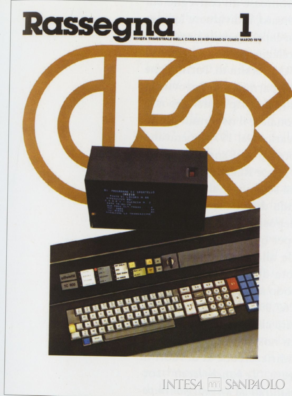 Cassa di Risparmio di Cuneo, copertina della prima rivista Rassegna, house organ dell'Istituto, 1978, tratta da Cinquant'anni di impegno e sviluppo per la Provincia Granda, 2006