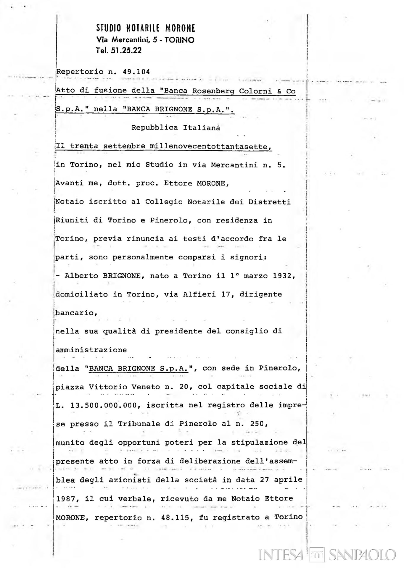 Banca Rosenberg Colorni & Candiani, atto di fusione nella Banca Brignone, 30 settembre 1987