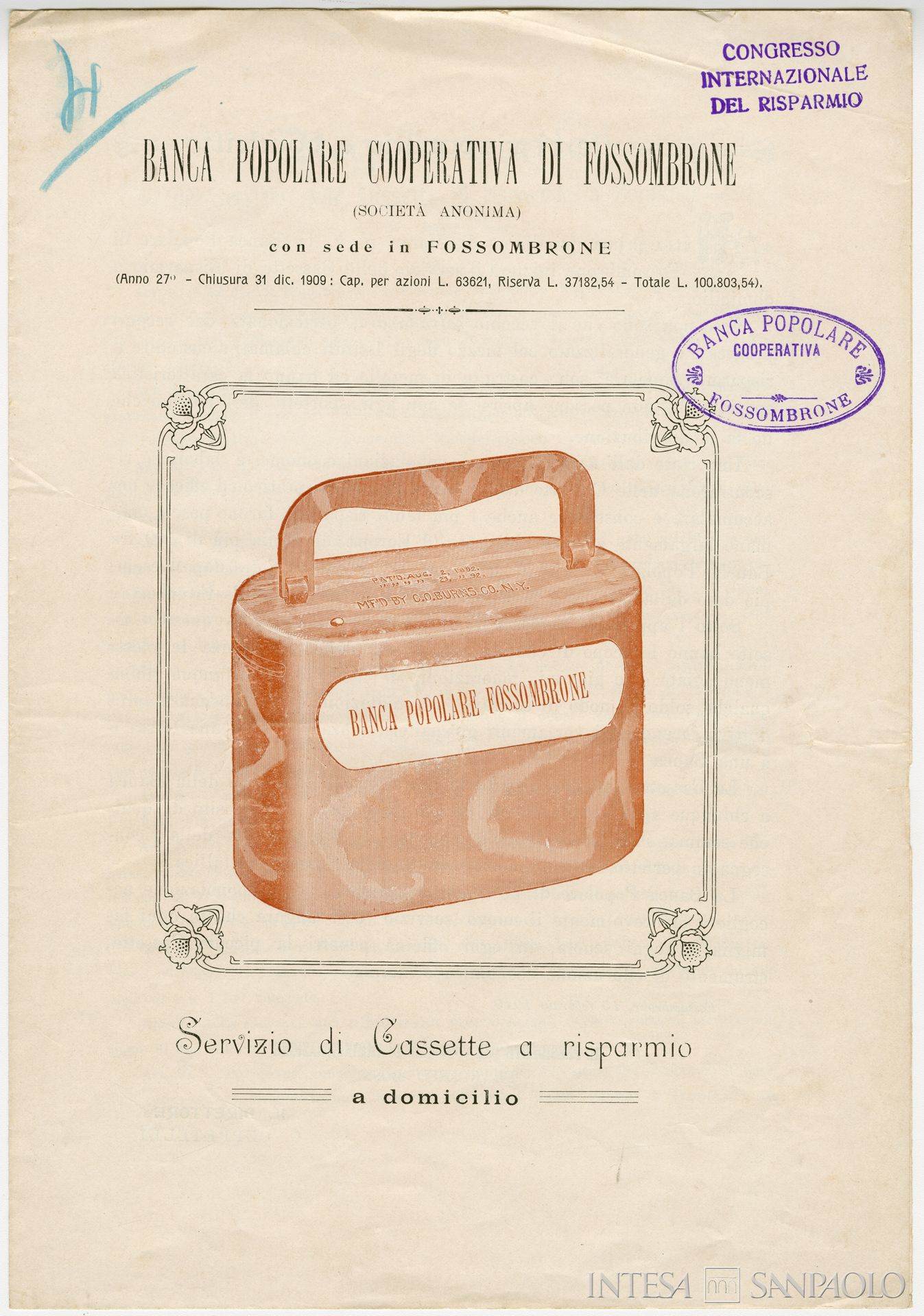 Banca Popolare Cooperativa di Fossombrone, propaganda al servizio di cassette a risparmio a domicilio, 1910