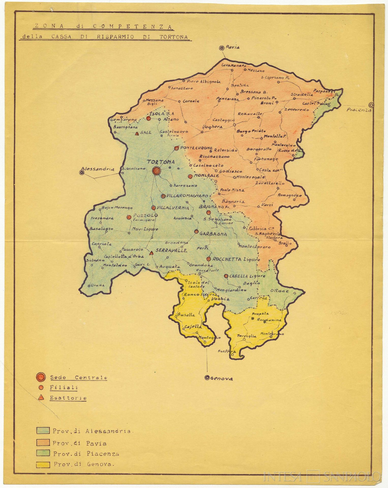 Cassa di Risparmio di Tortona, mappa del territorio di competenza della banca, s. d.