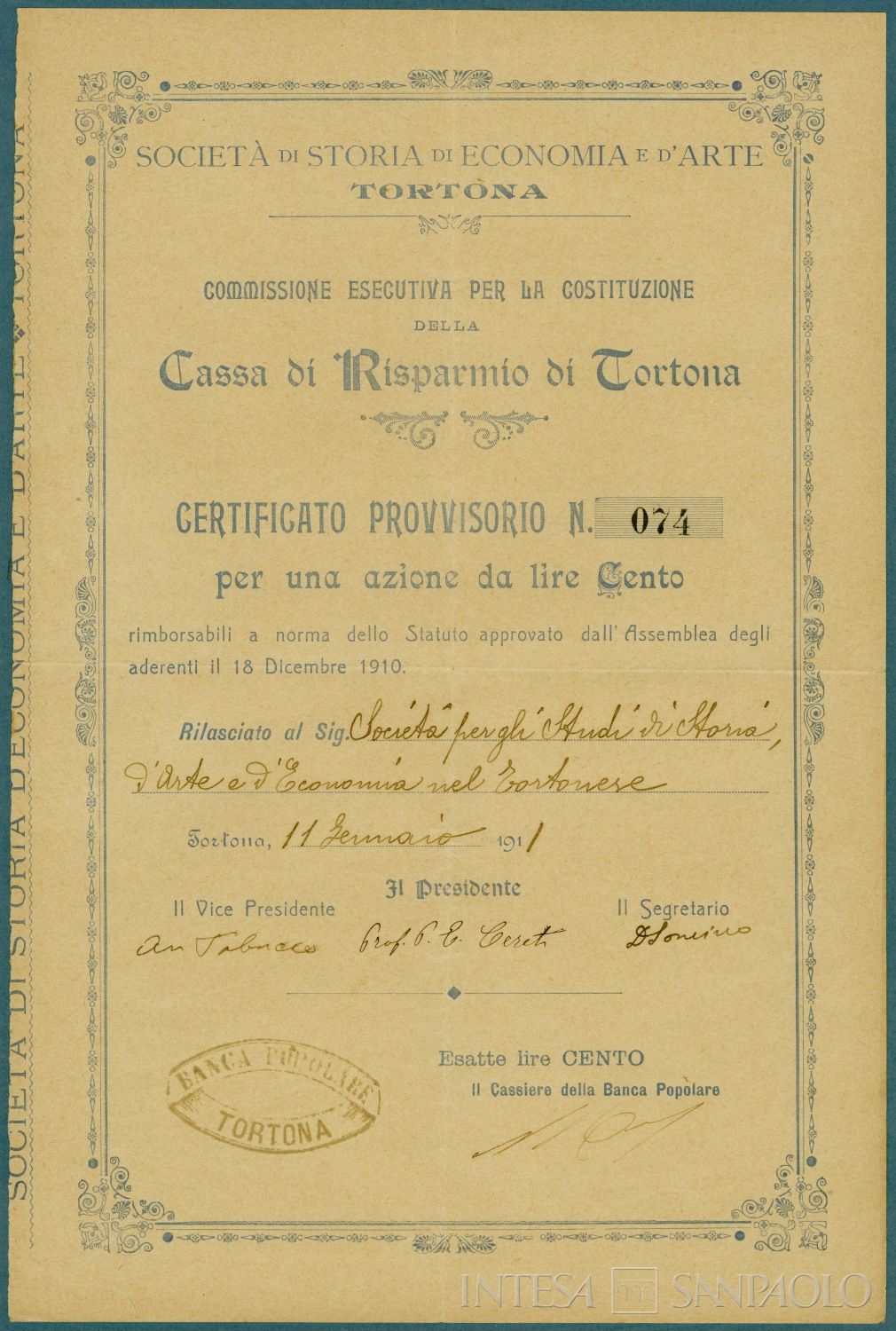 Cassa di Risparmio di Tortona, certificato azionario rilasciato alla società per gli studi di Storia d'Arte e d'Economia nel Tortonese destinato alla Commissione Esecutiva per la costituzione della banca, 11 gennaio 1911