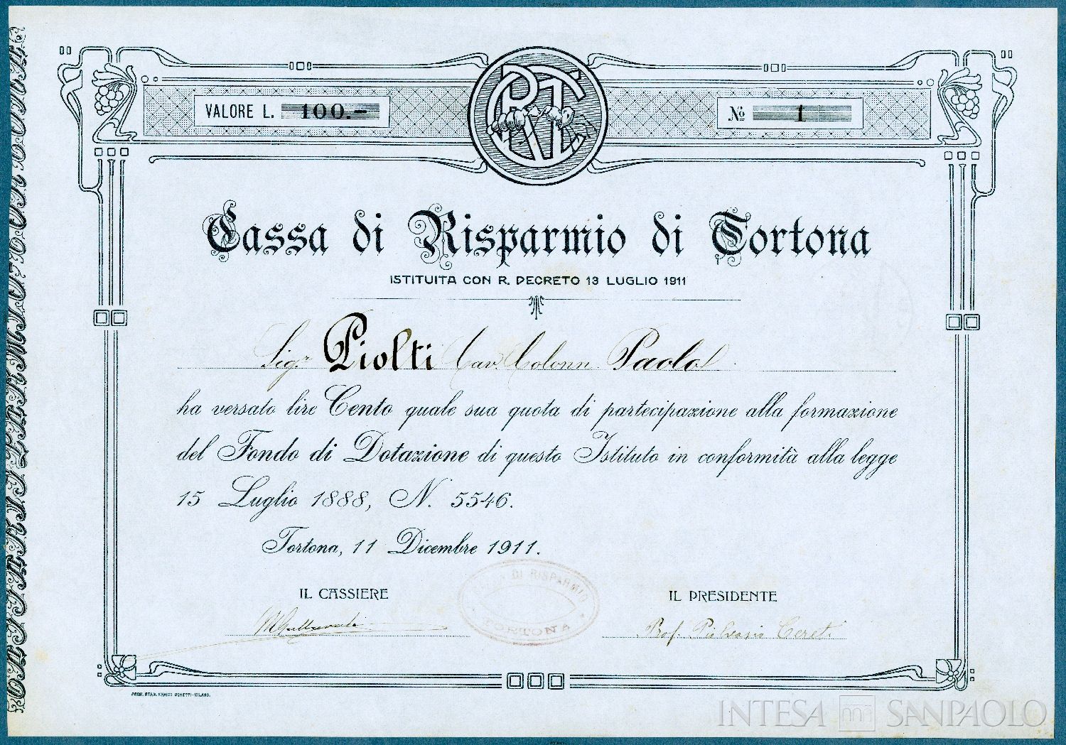 Cassa di Risparmio di Tortona, attestazione del versamento di 100 lire nel Fondo di Dotazione per la costituzione della banca, 11 dicembre 1911