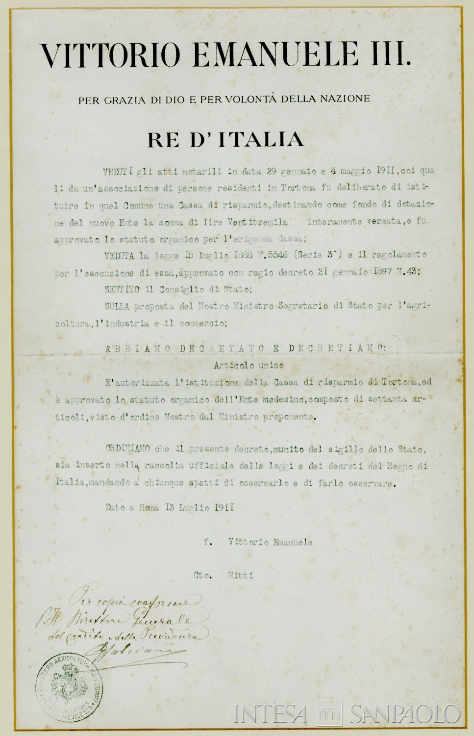 Cassa di Risparmio di Tortona, Regio Decreto di istituzione, 13 luglio 1911