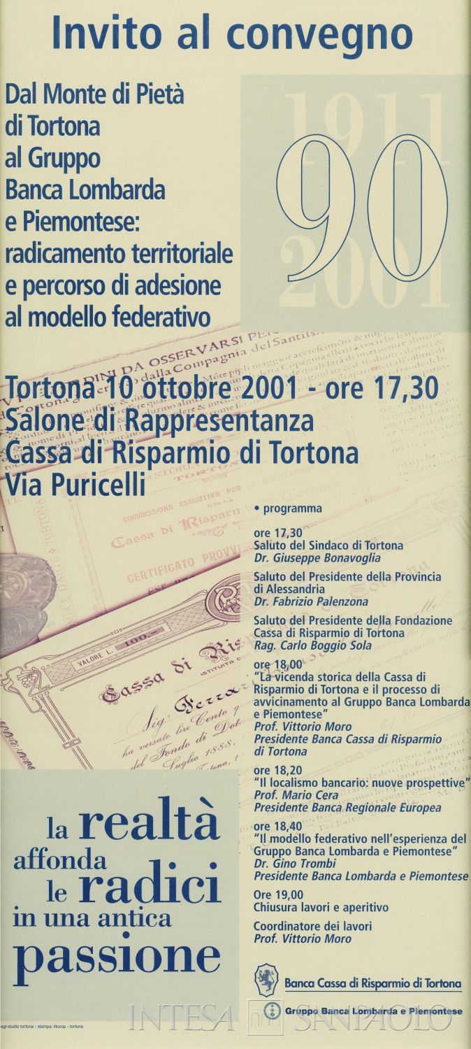 Banca Cassa di Risparmio di Tortona, convegno Dal Monte di Pietà di Tortona al Gruppo Banca Lombarda e Piemontese: radicamento territoriale e percorso di adesione al modello federativo, 10 ottobre 2001