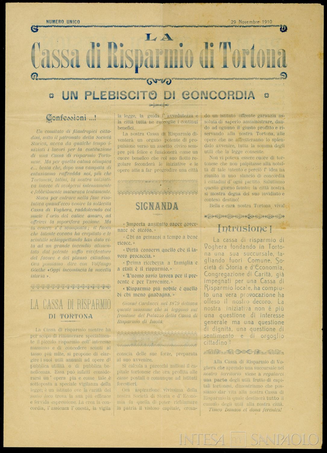 Cassa di Risparmio di Tortona, Plebiscito di concordia sull'istituzione, 29 novembre 1910