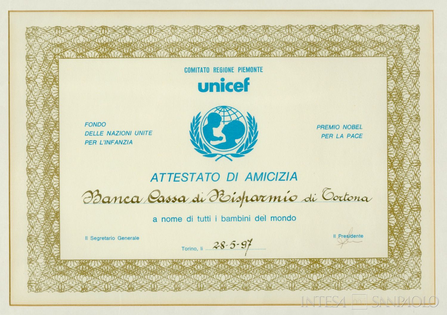Cassa di Risparmio di Tortona, attestato di amicizia dell'Unicef alla banca, 28 maggio 1997
