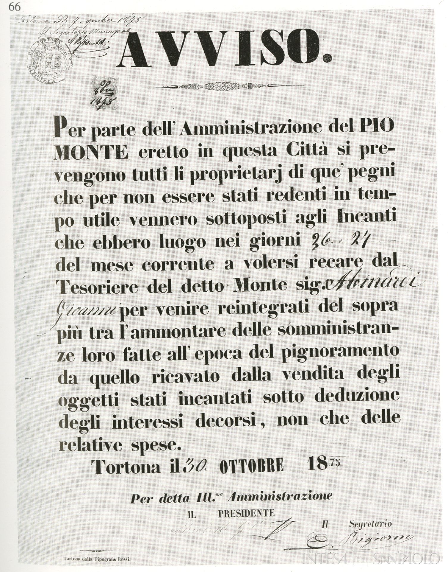 Monte di credito su pegno di Tortona, avvio ai pignoratori per il ritiro del sopravanzo d'asta, 30 ottobre 1875, tratto da Storia, arte e restauri nel Tortonese, 1993, p. 75