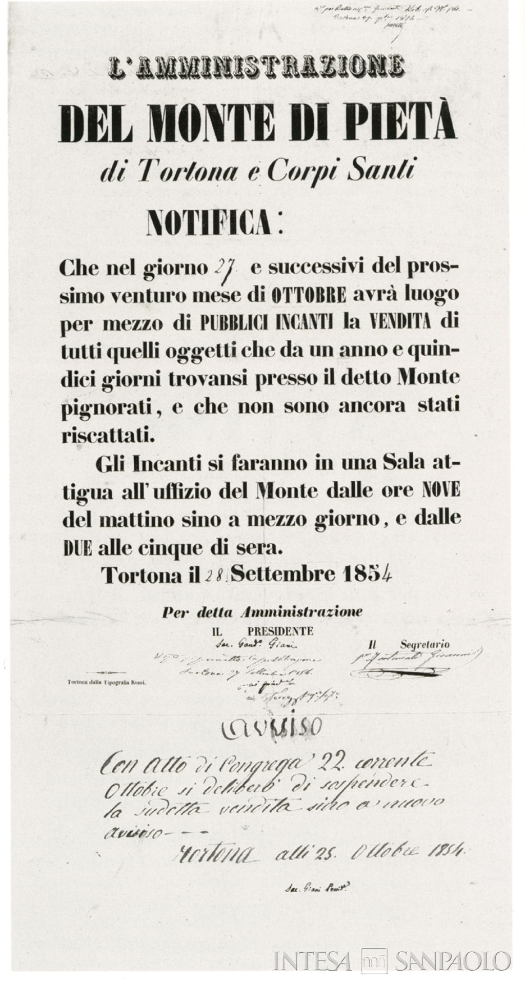 Monte di credito su pegno di Tortona, bando d'asta dei pegni, 28 settembre 1854, tratto da Storia, arte e restauri nel Tortonese, 1993, p. 76