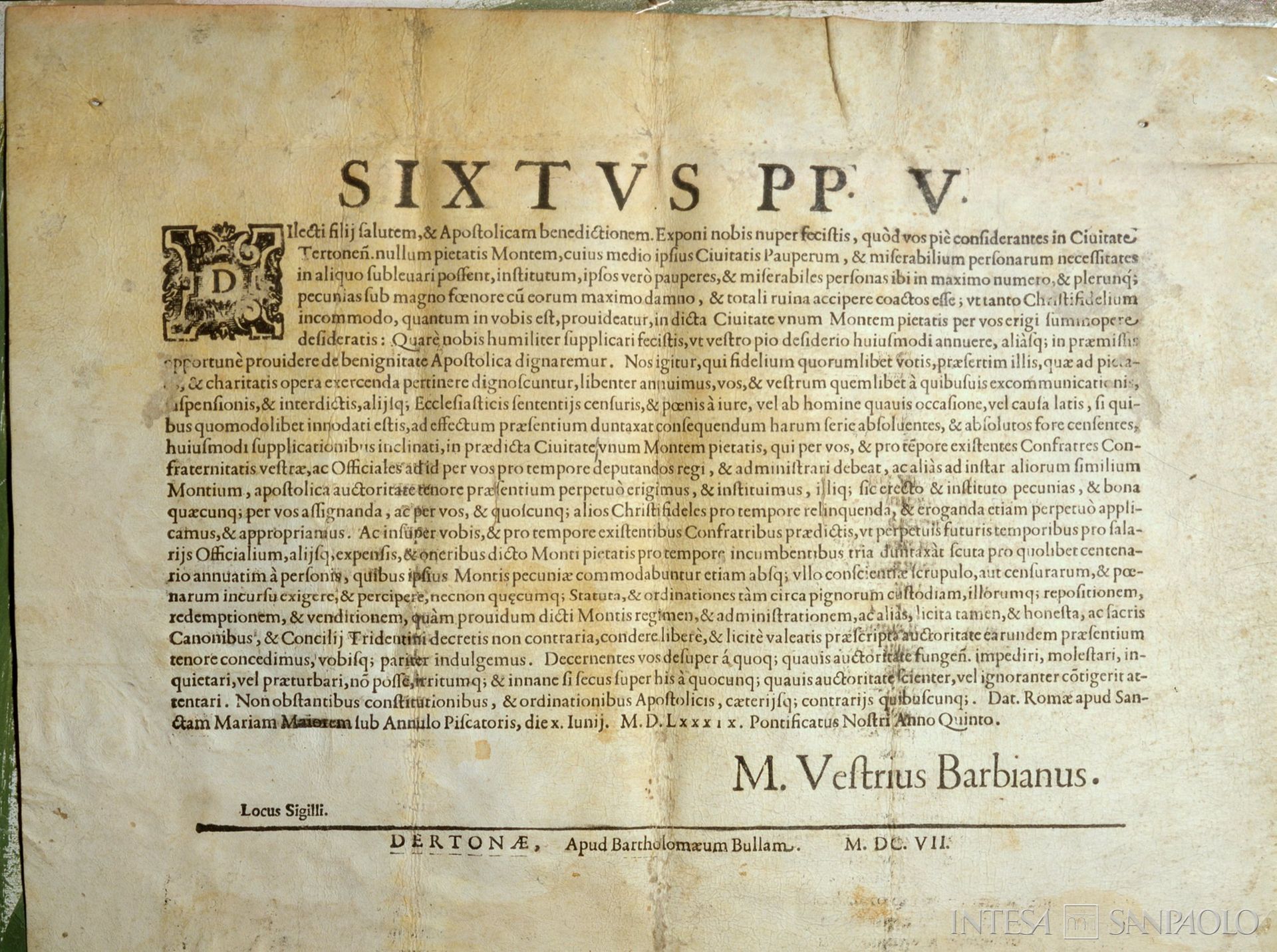 Monte di credito su pegno di Tortona, bolla di erezione del Monte di Pietà di Tortona del Pontefice Sisto V, tratto da Storia, arte e restauri nel Tortonese, 1993, p. 68